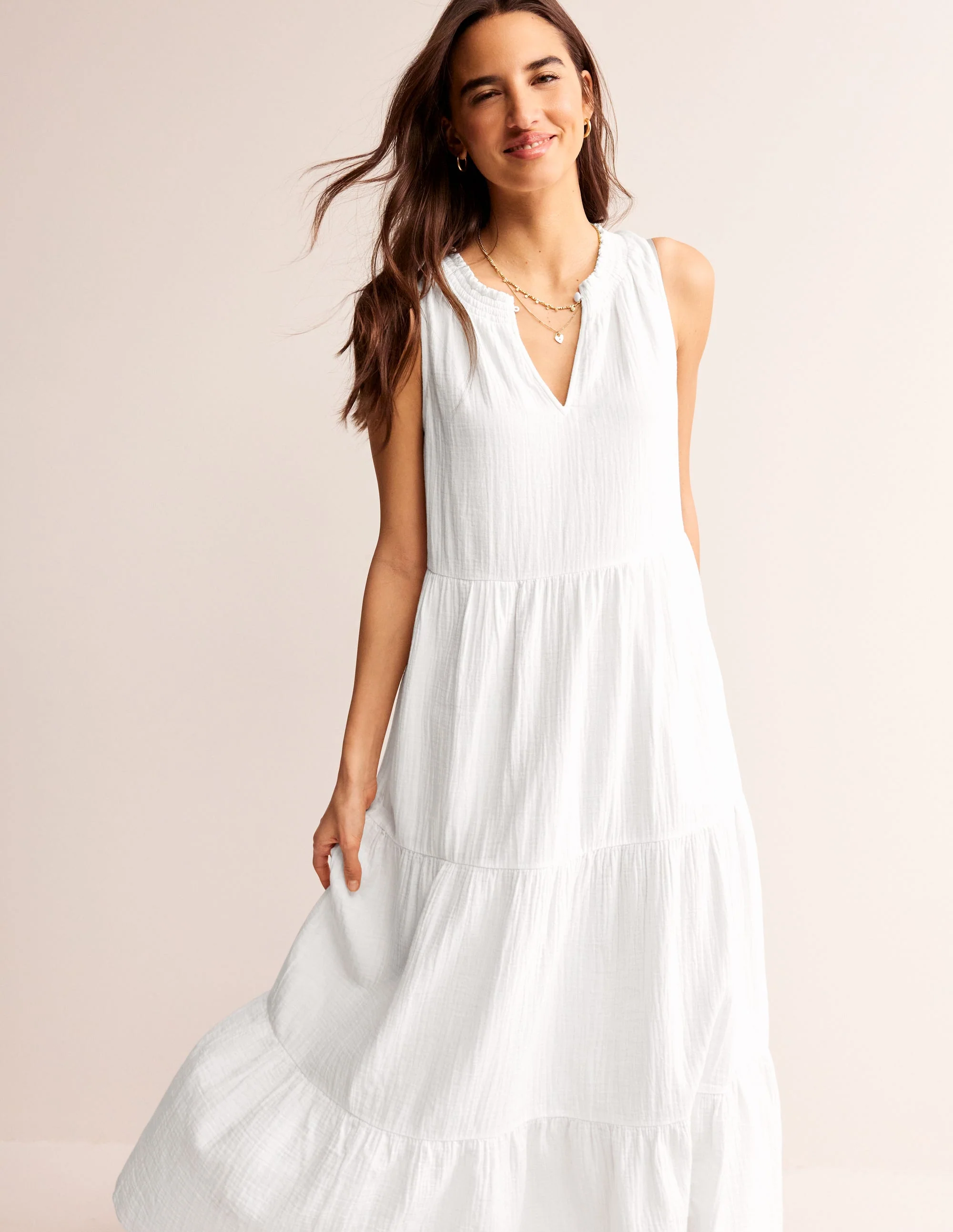 Double Cloth Maxi Tiered Dress-White