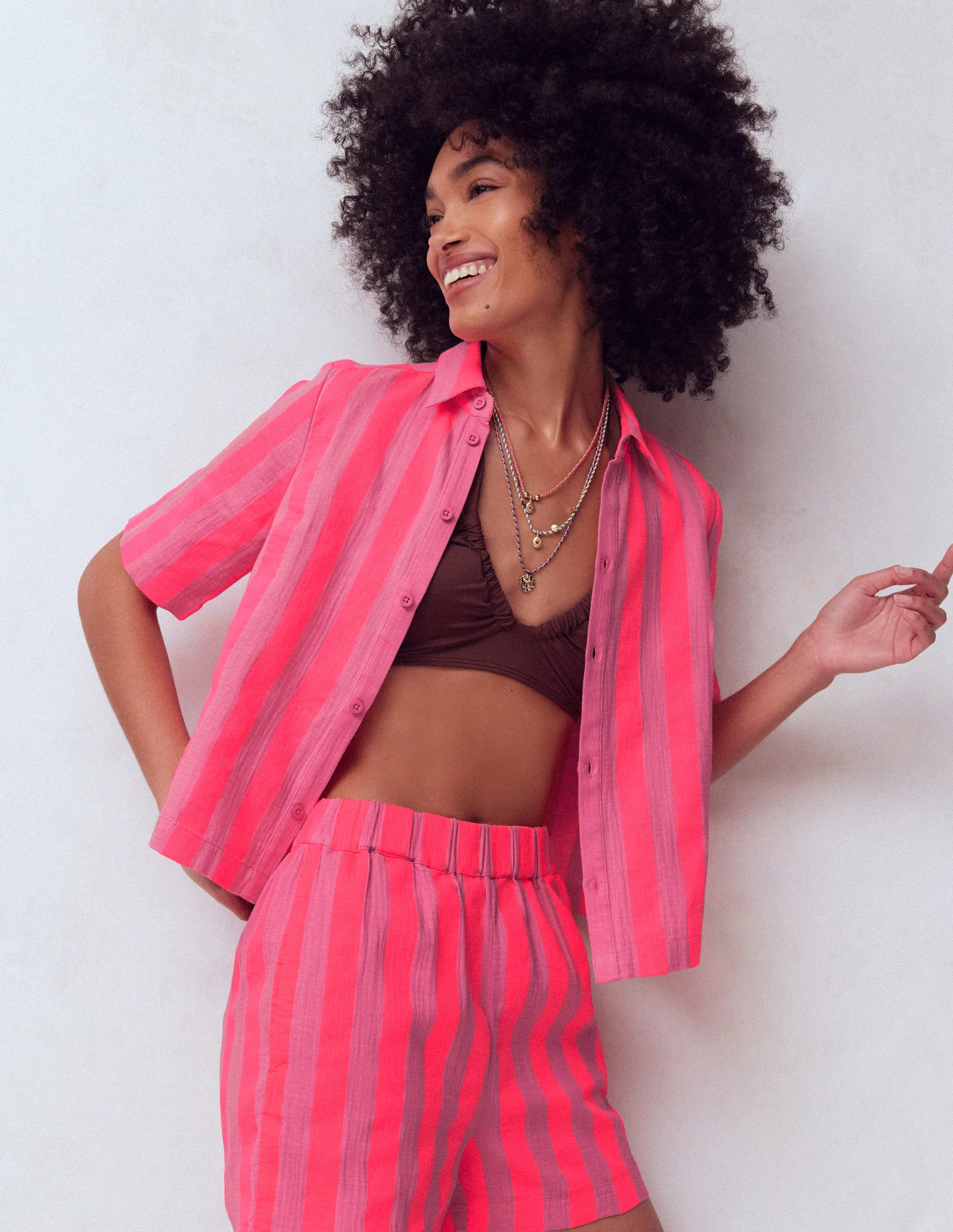 Double Cloth Shirt-Pink, Neon Coral Mid Stripe - Image 6