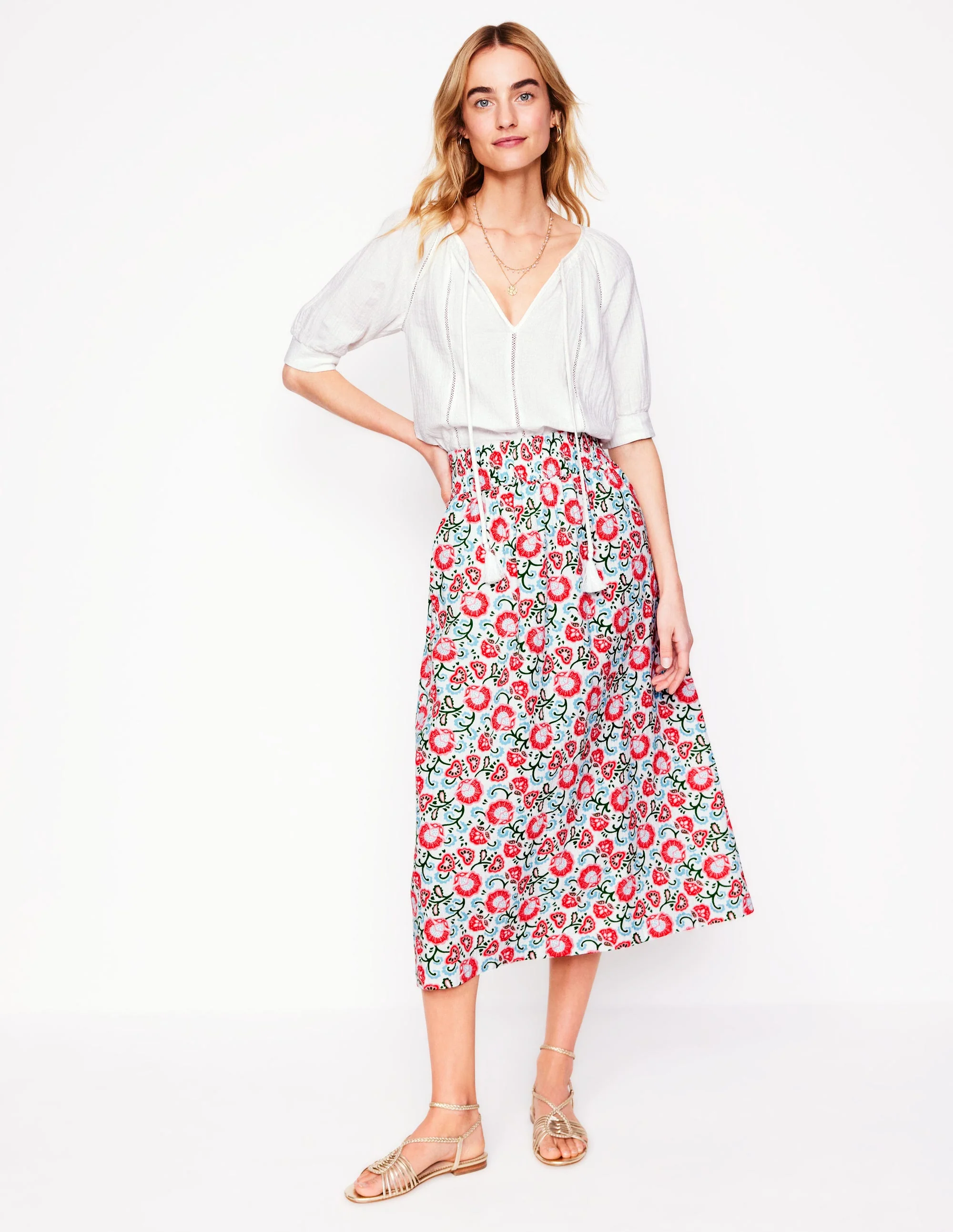 Double Cloth Smocked Skirt-Ivory, Garden Vine