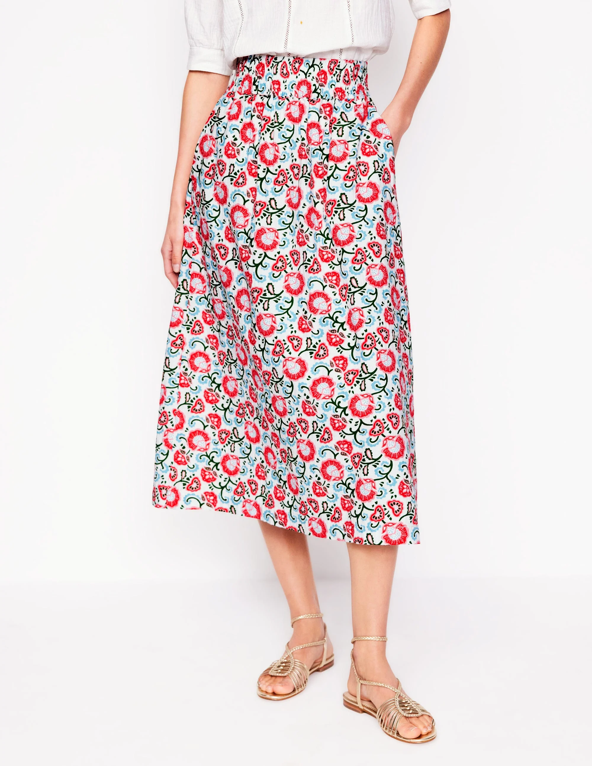 Double Cloth Smocked Skirt-Ivory, Garden Vine - Image 4