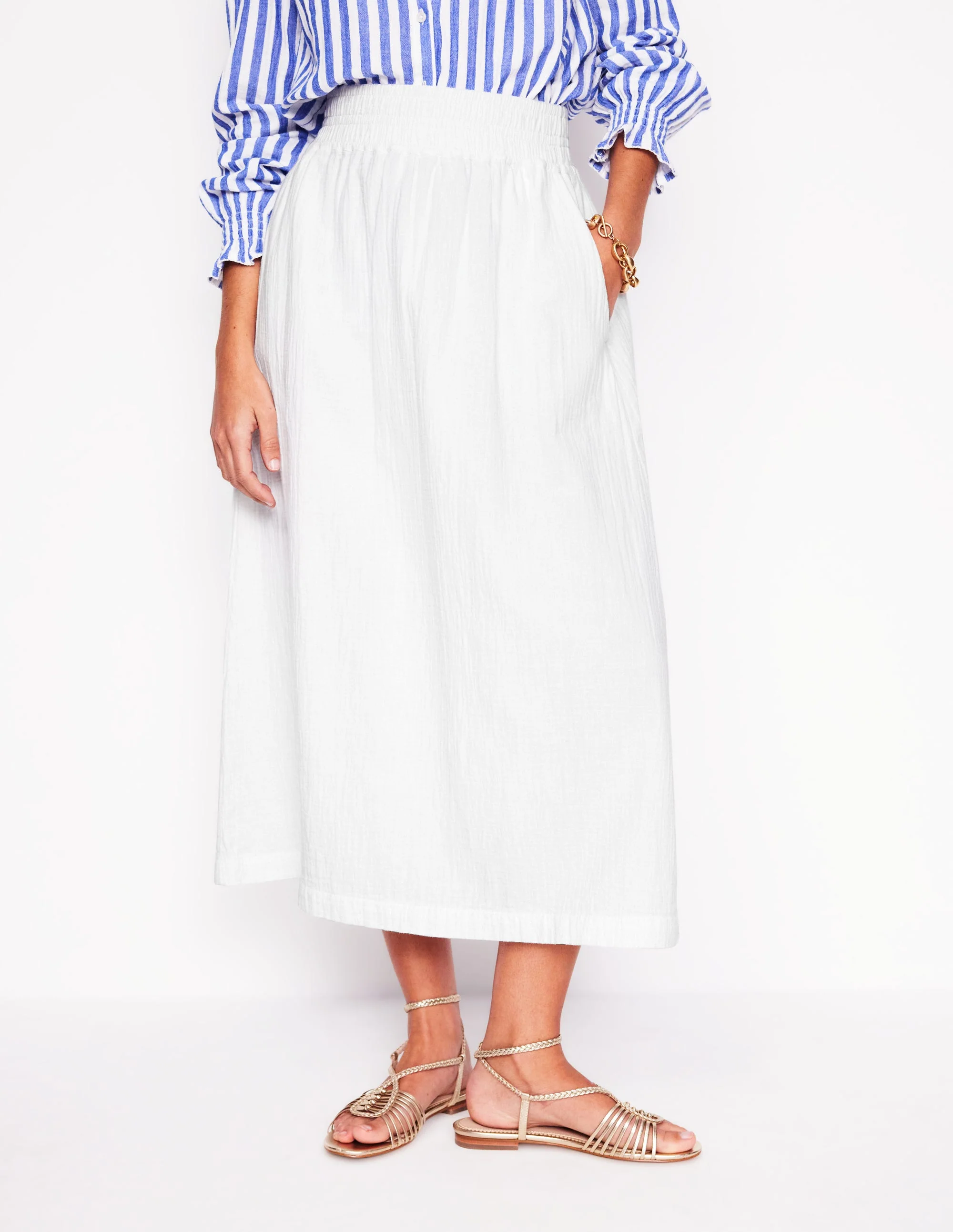 Double Cloth Smocked Skirt-White - Image 4