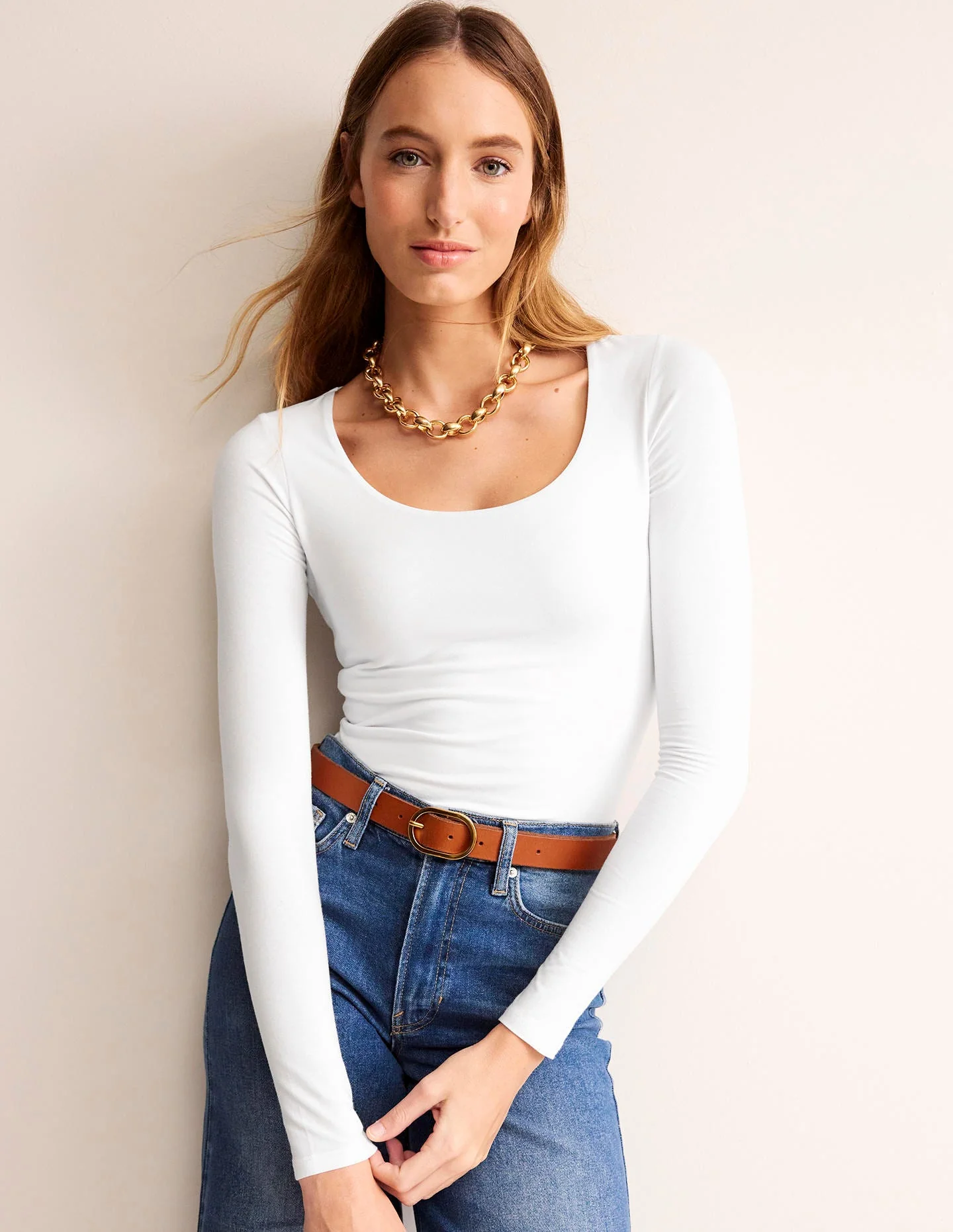 Double Layer Scoop Long Sleeve-White