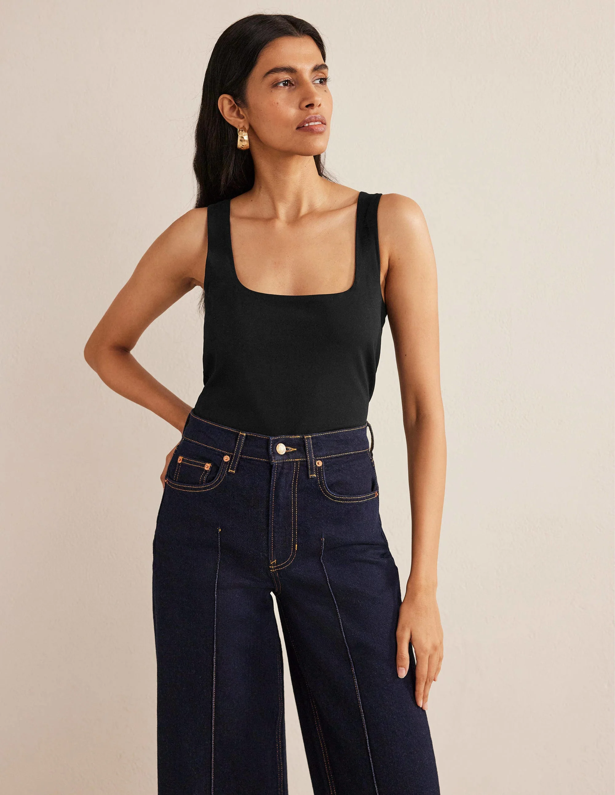 Double Layer Square Neck Tank-Black