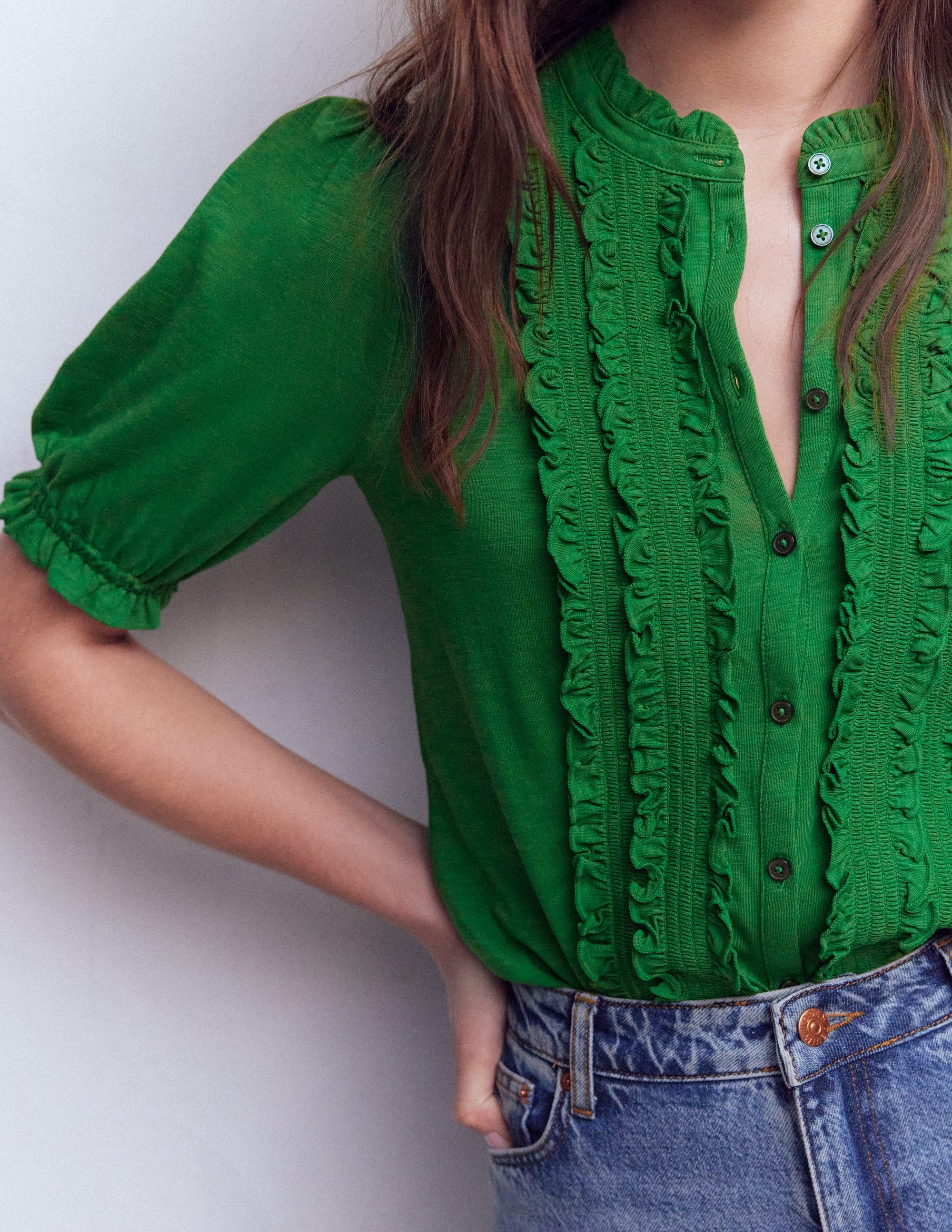 Eda Ruffle Front Shirt-Fresh Green - Image 2