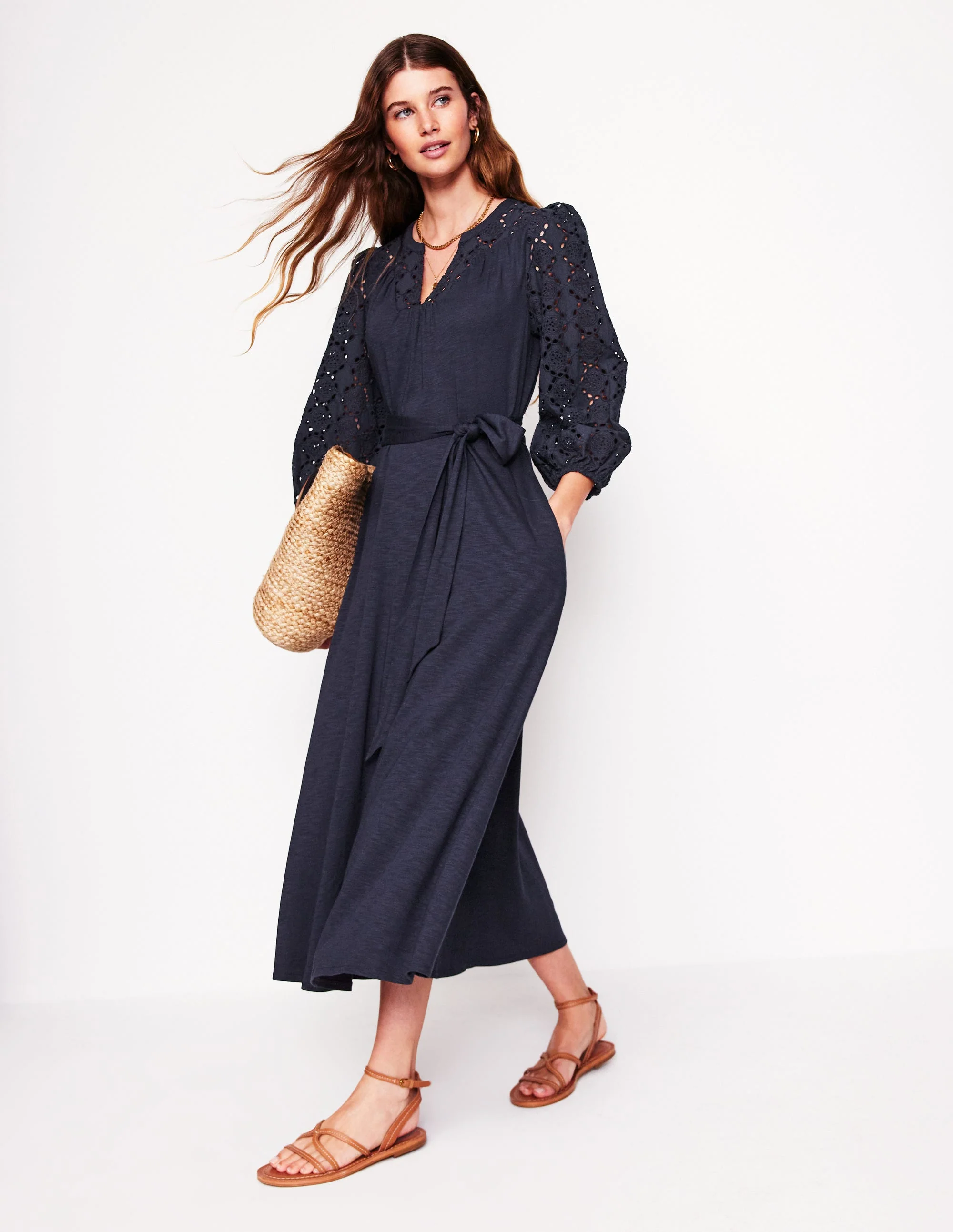 Eden Broderie Jersey Dress-Navy
