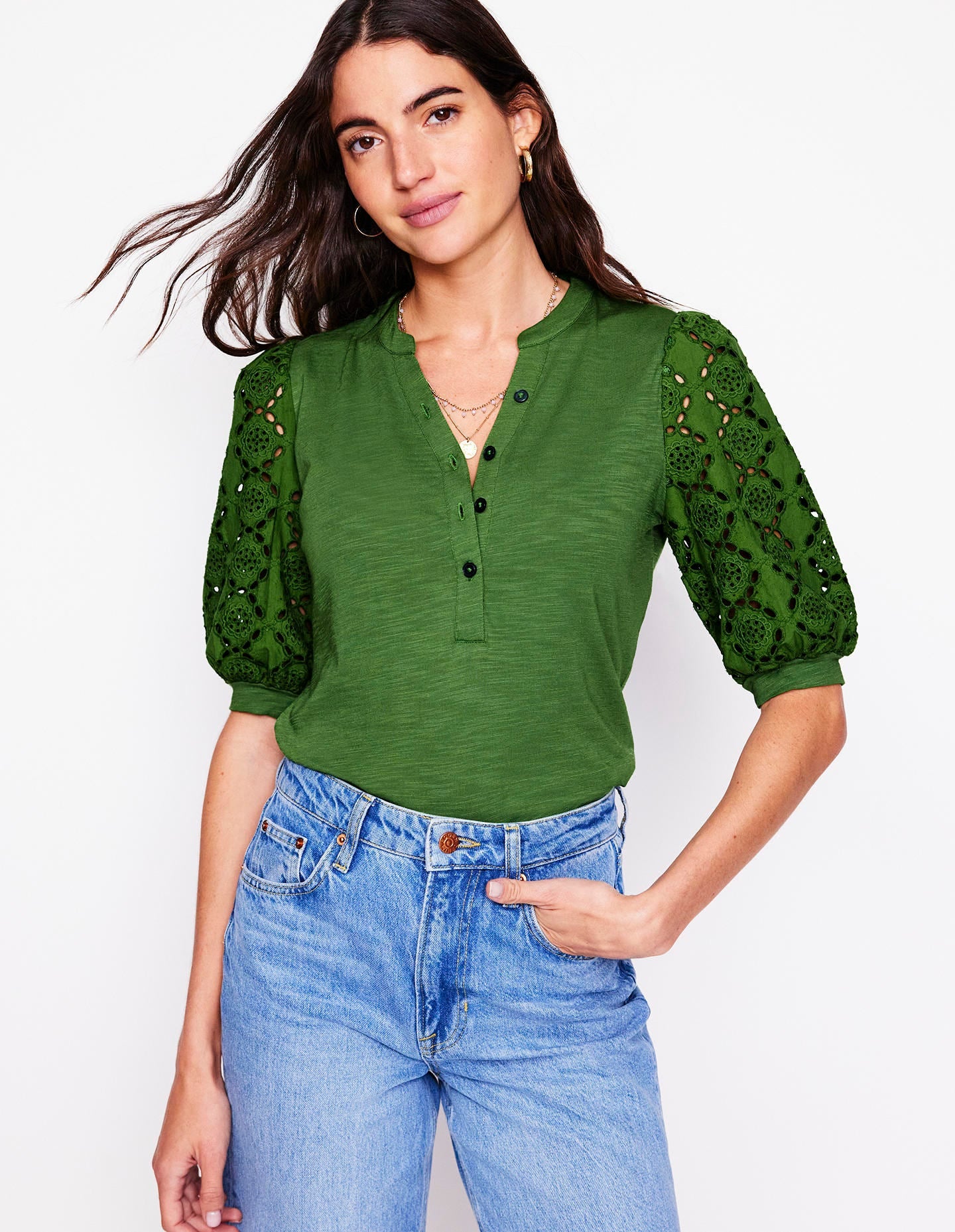 Eden Puff Sleeve Henley Top-Promenade Green - Image 2