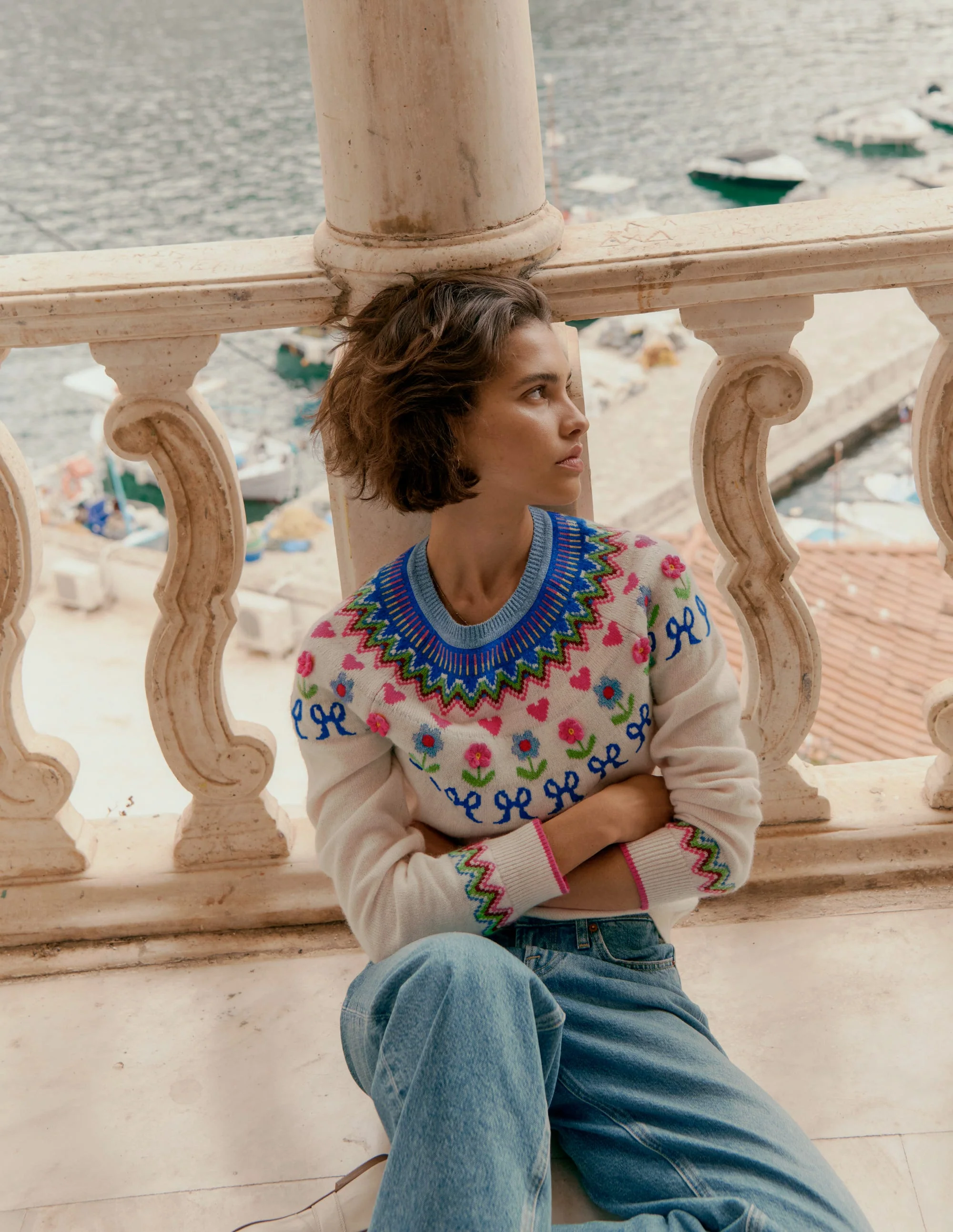 Edie Fair Isle Sweater-Oatmeal Melange, Flowers - Image 2