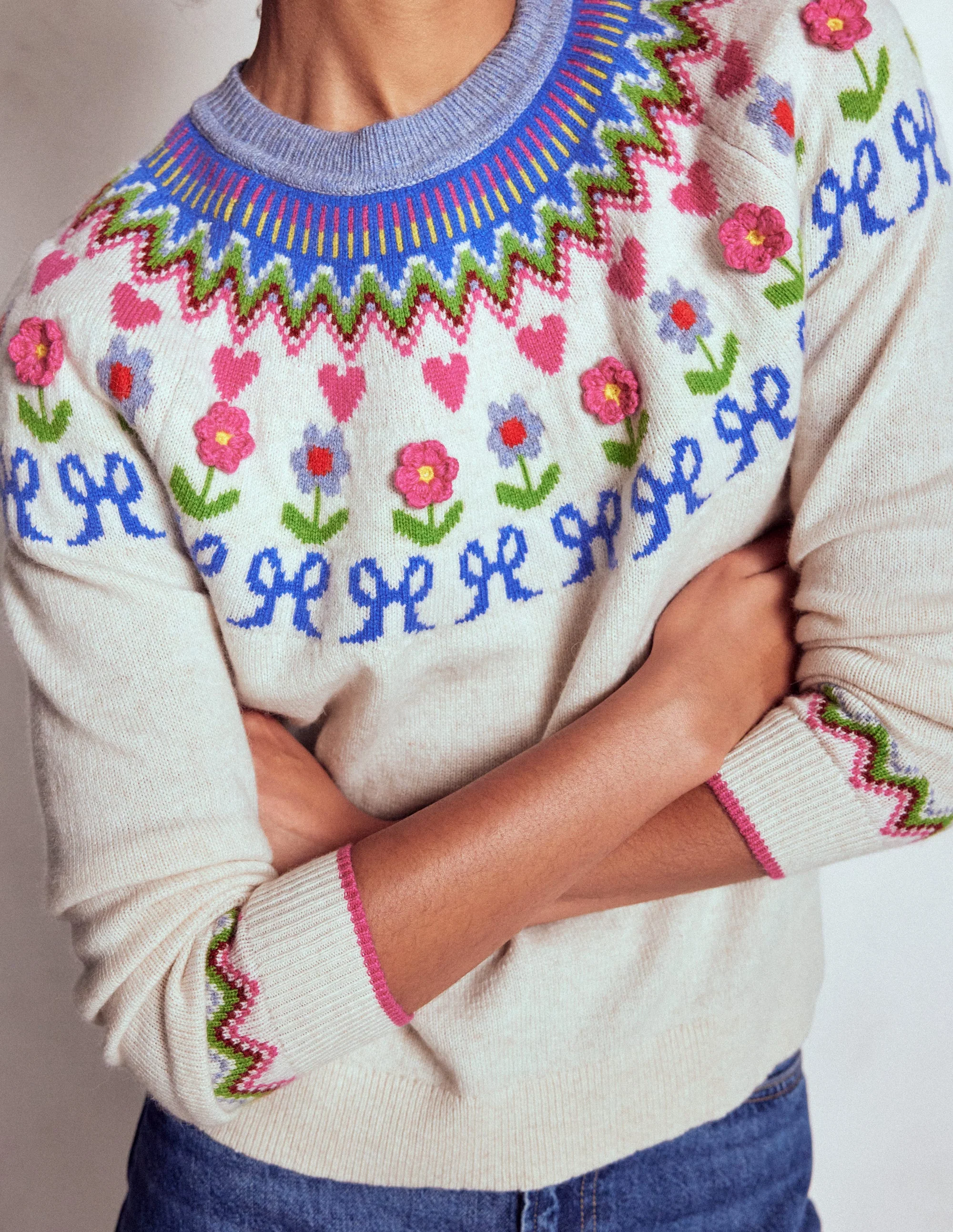 Edie Fair Isle Sweater-Oatmeal Melange, Flowers - Image 3