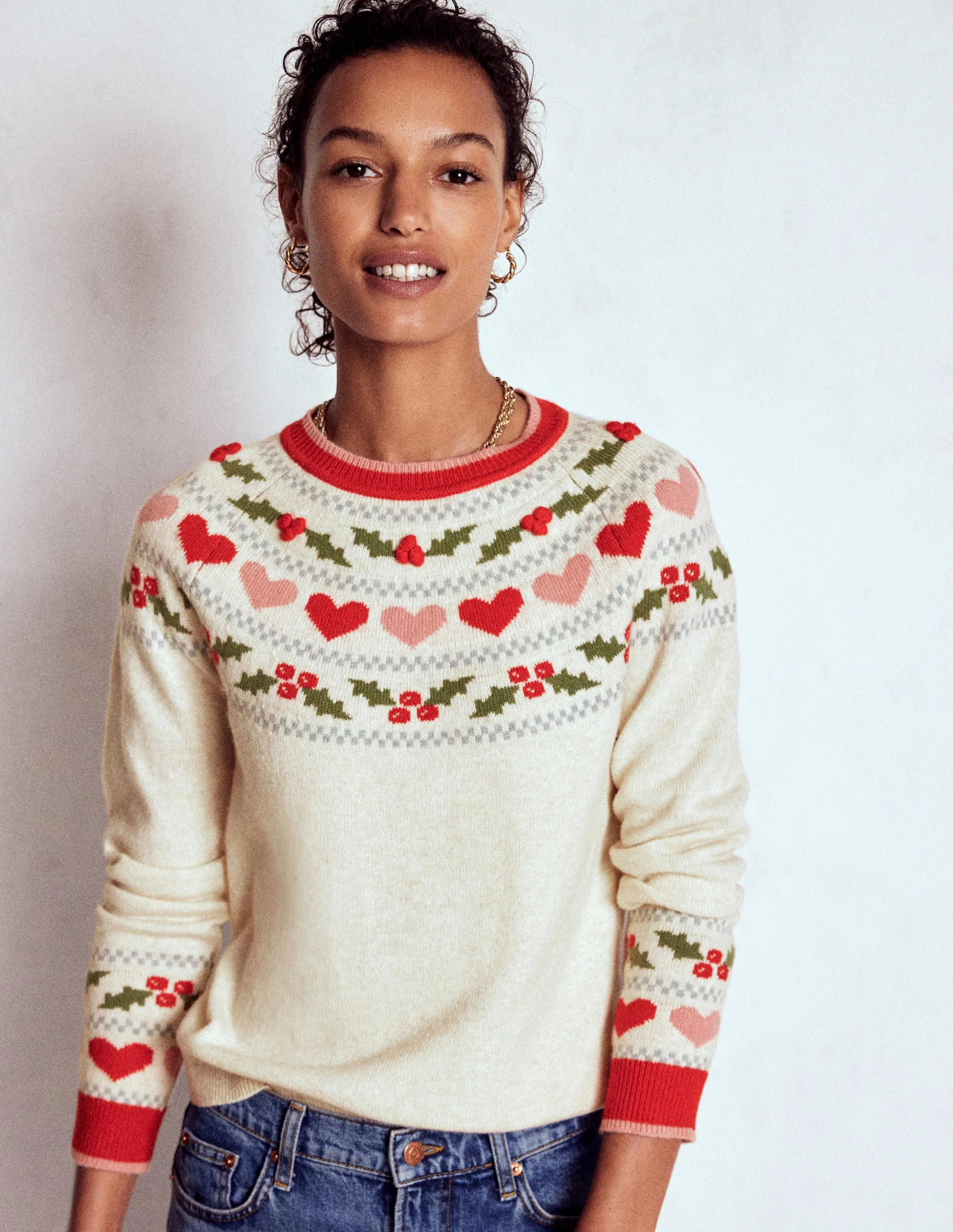 Edie Fair Isle Sweater-Oatmeal Melange, Holly - Image 2