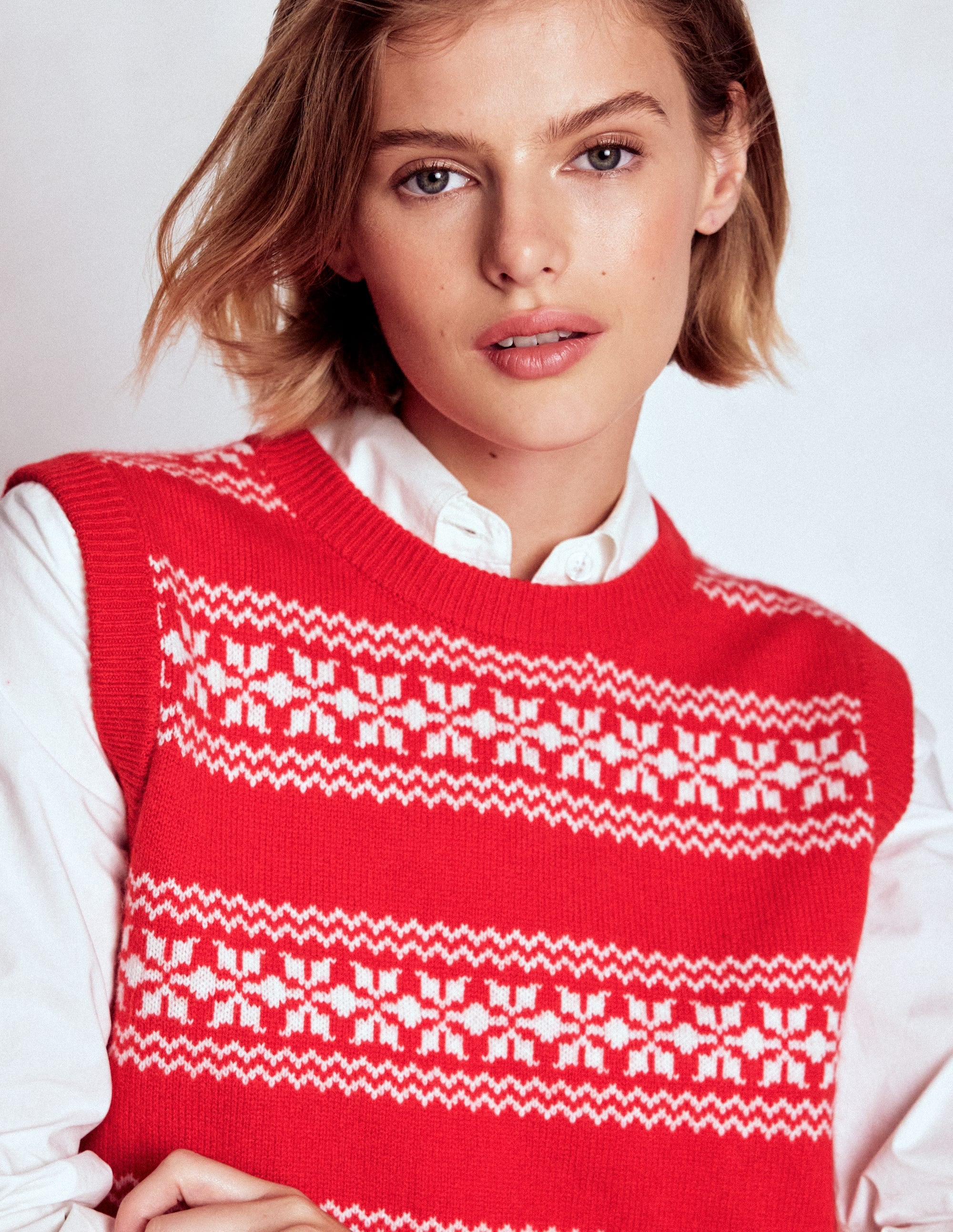 Edie Fair Isle Vest-Poppy Red, Warm Ivory - Image 2