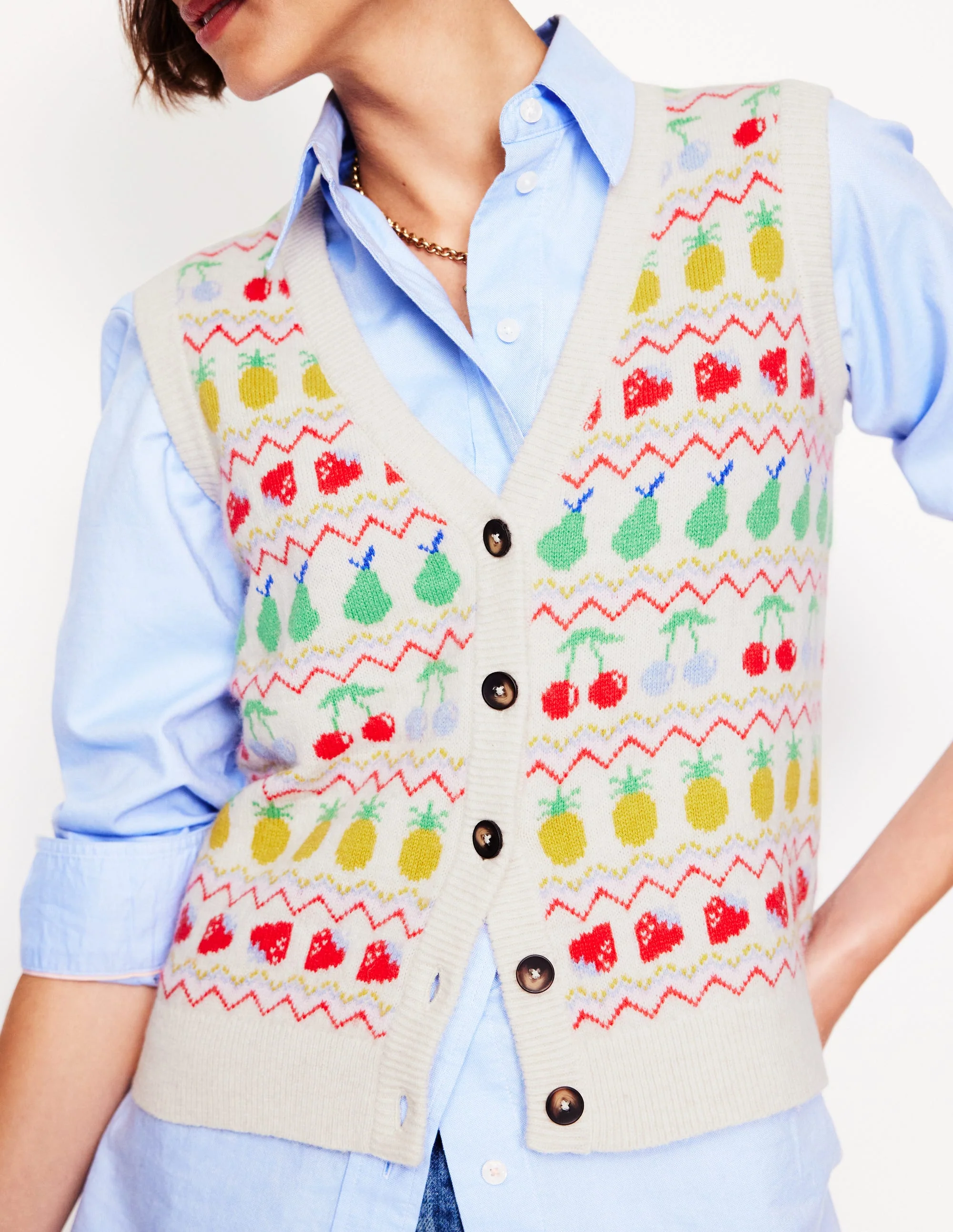 Edie Fair Isle Waistcoat-Ecru Marl, Fruit - Image 2