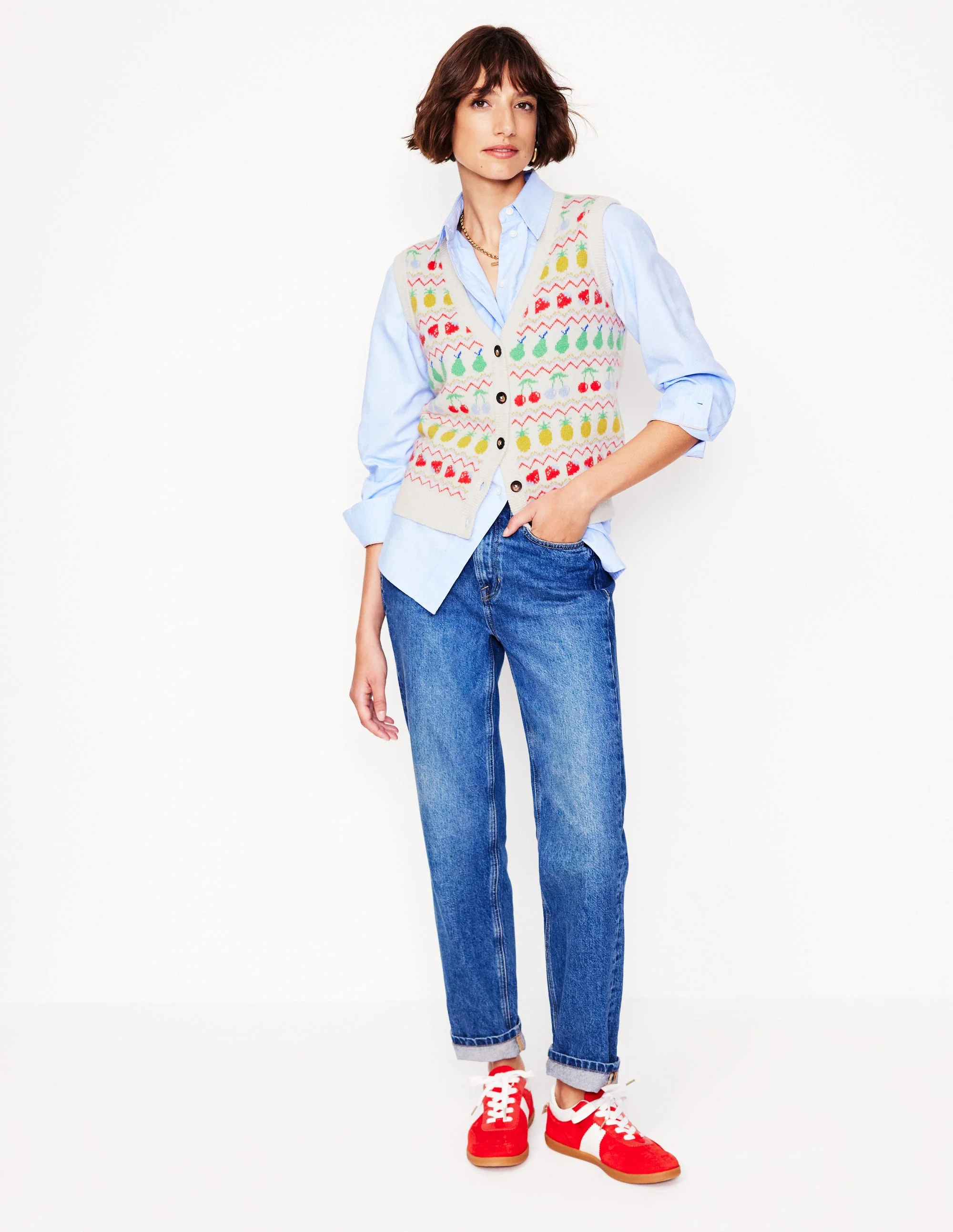 Edie Fair Isle Waistcoat-Ecru Marl, Fruit - Image 4