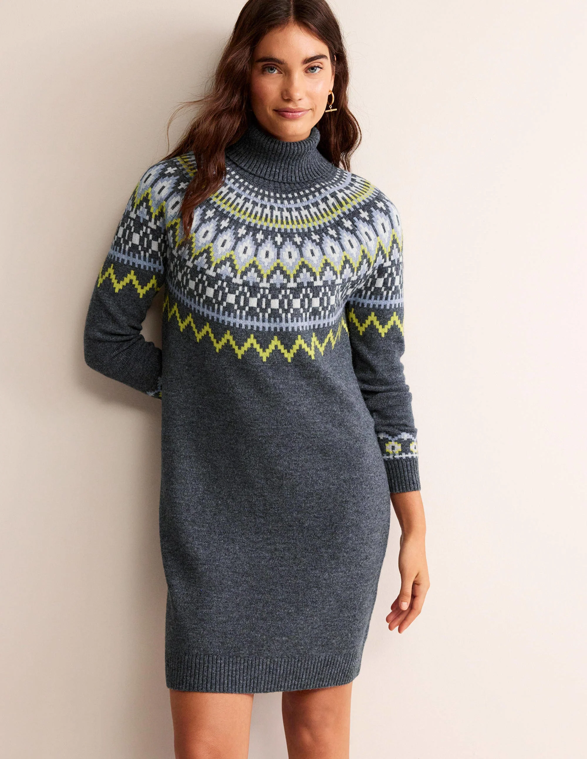 Edith Fair Isle Knitted Dress-Charcoal Melange - Image 4