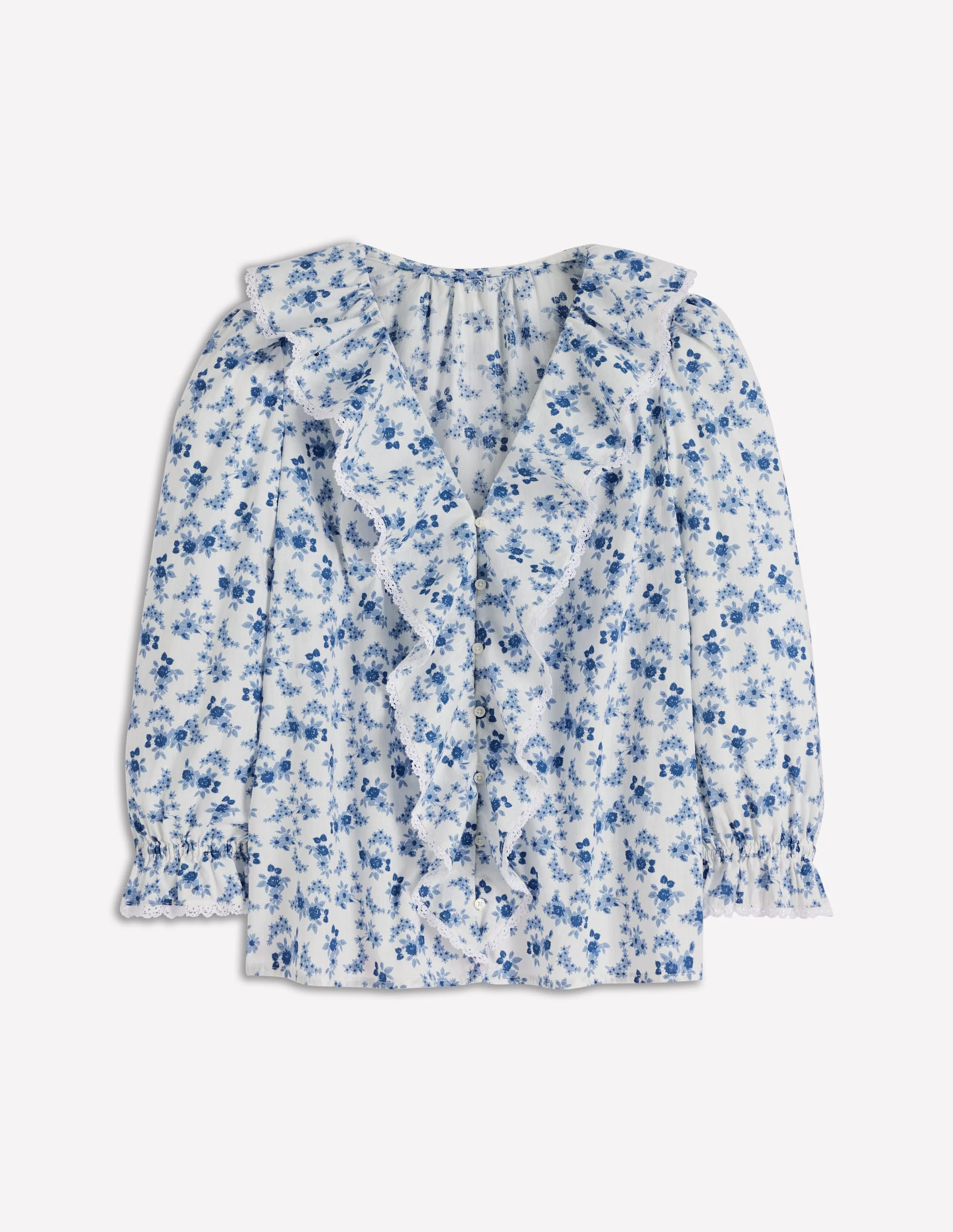 Eliza Ruffle V-Neck Blouse-Tourmaline Blue, Dainty Vine - Image 7