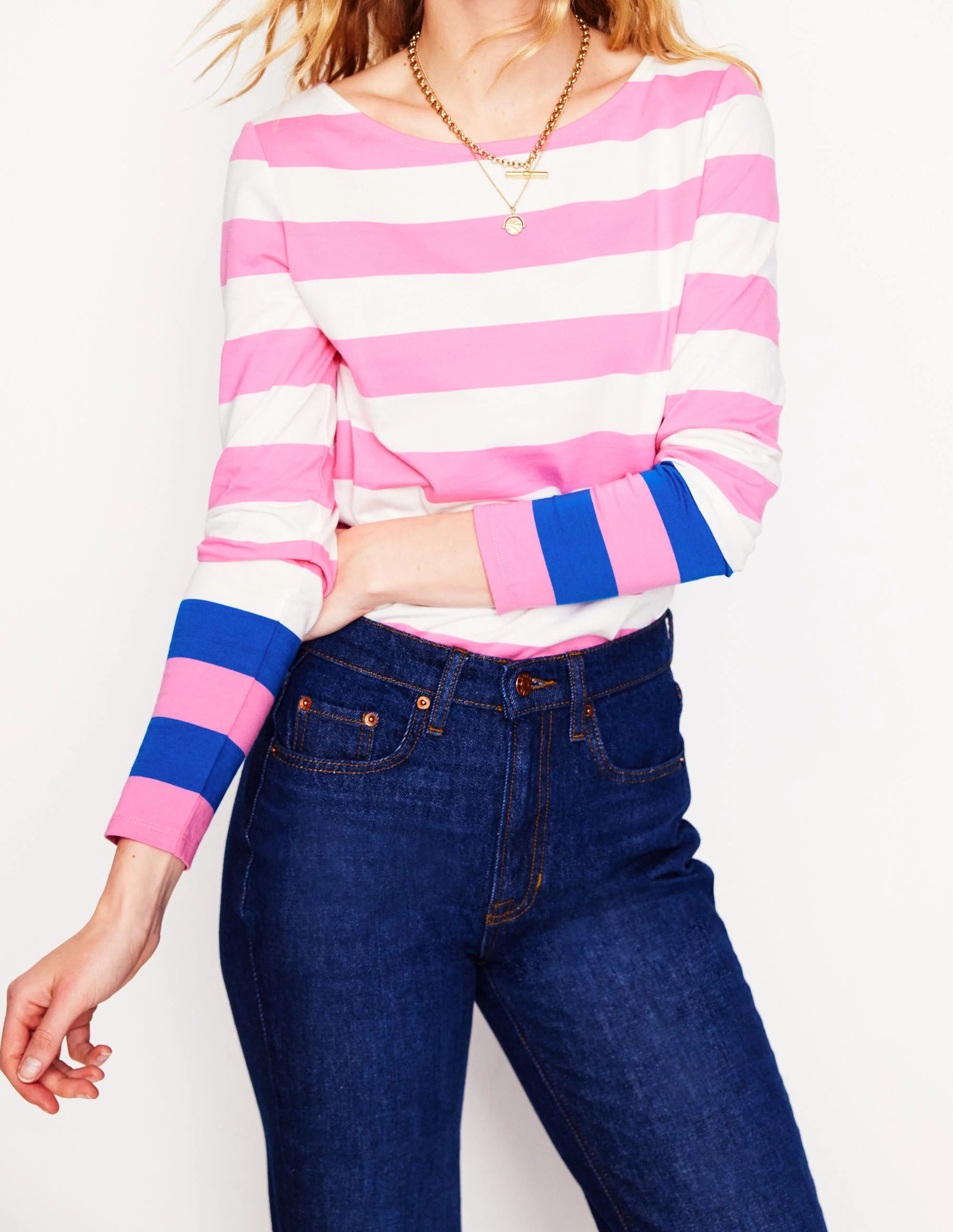 Ella Long Sleeve Breton-Pink Rose, Gallery Blue Cuff - Image 2