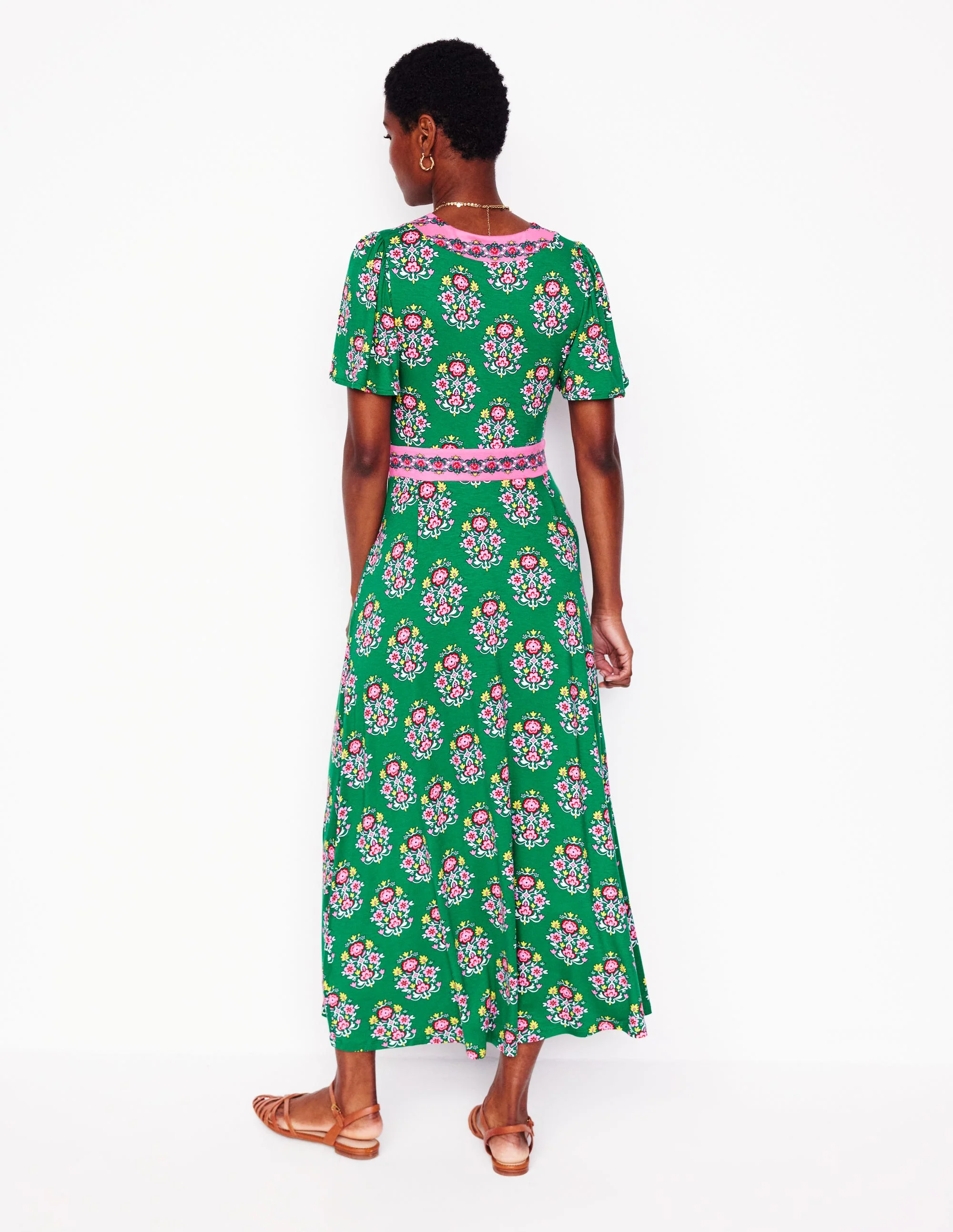 Ellie Flutter Maxi Tea Dress-Rich Emerald, Wildflower Stamp - Image 4