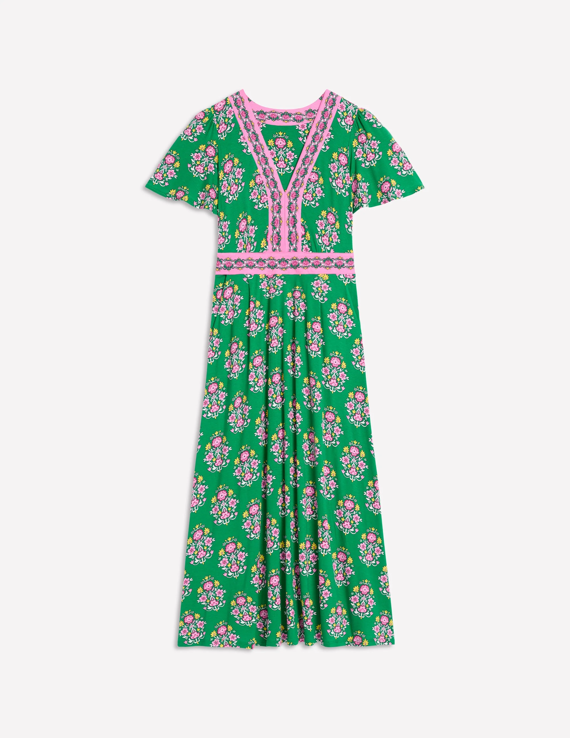 Ellie Flutter Maxi Tea Dress-Rich Emerald, Wildflower Stamp - Image 6