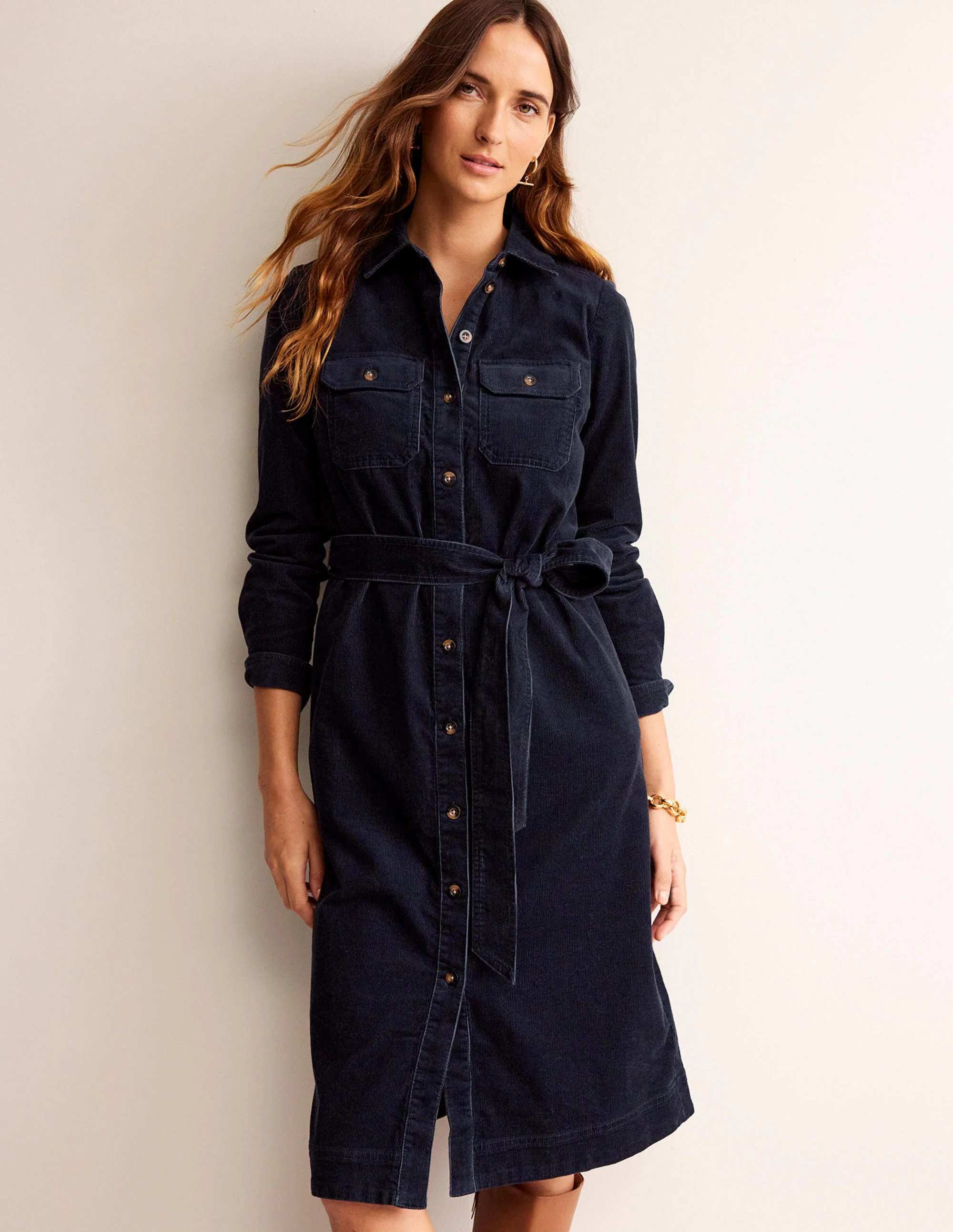 Eloise Cord Midi Shirt Dress-Navy