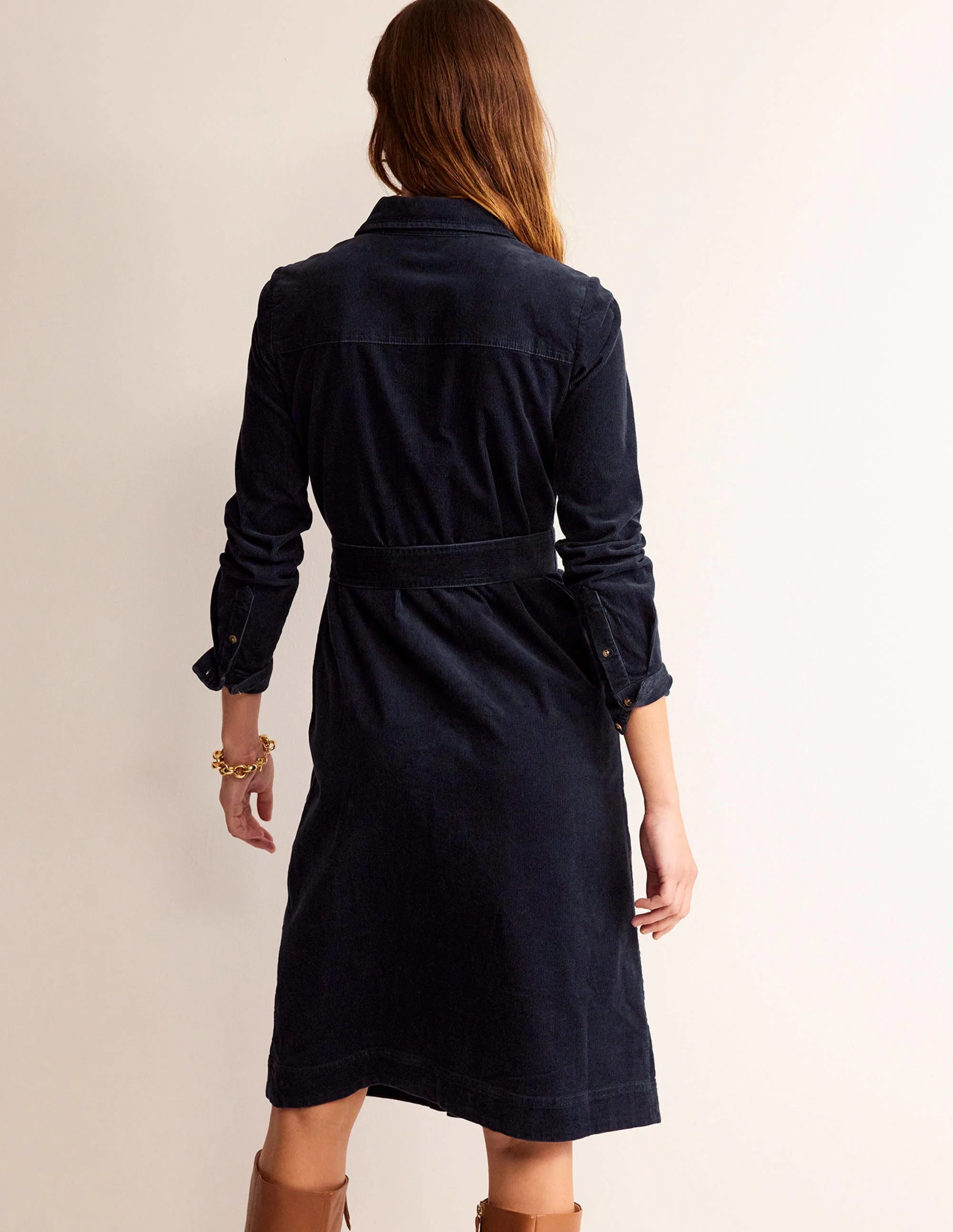 Eloise Cord Midi Shirt Dress-Navy - Image 3