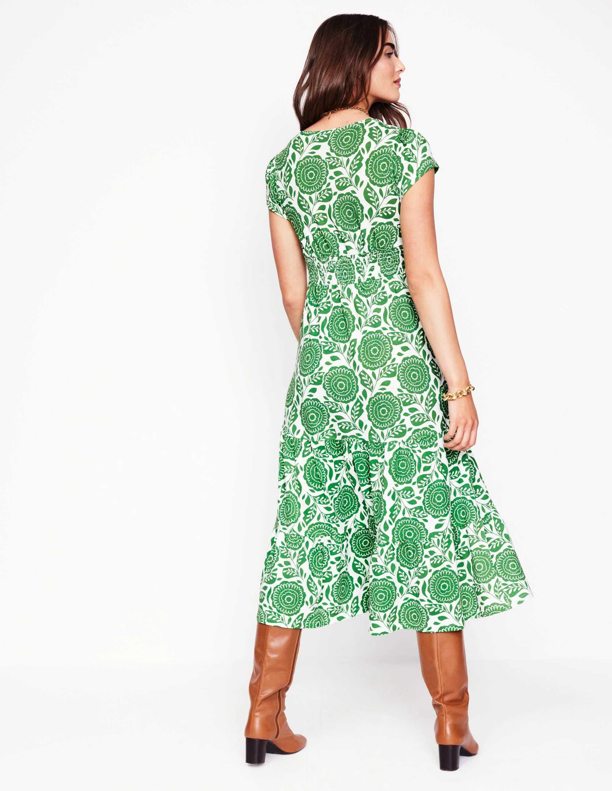 Eloise Tiered Jersey Dress-Paradise Green, Dahlia Stamp - Image 3