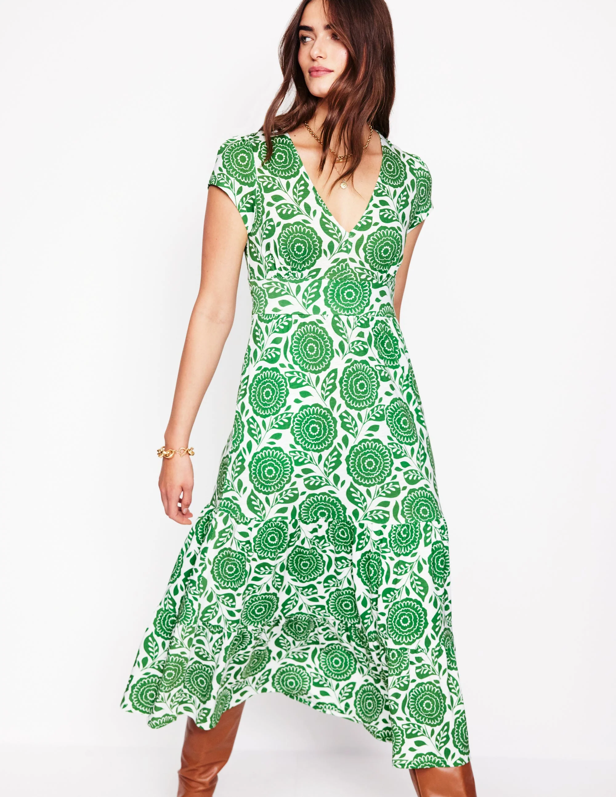 Eloise Tiered Jersey Dress-Paradise Green, Dahlia Stamp - Image 4