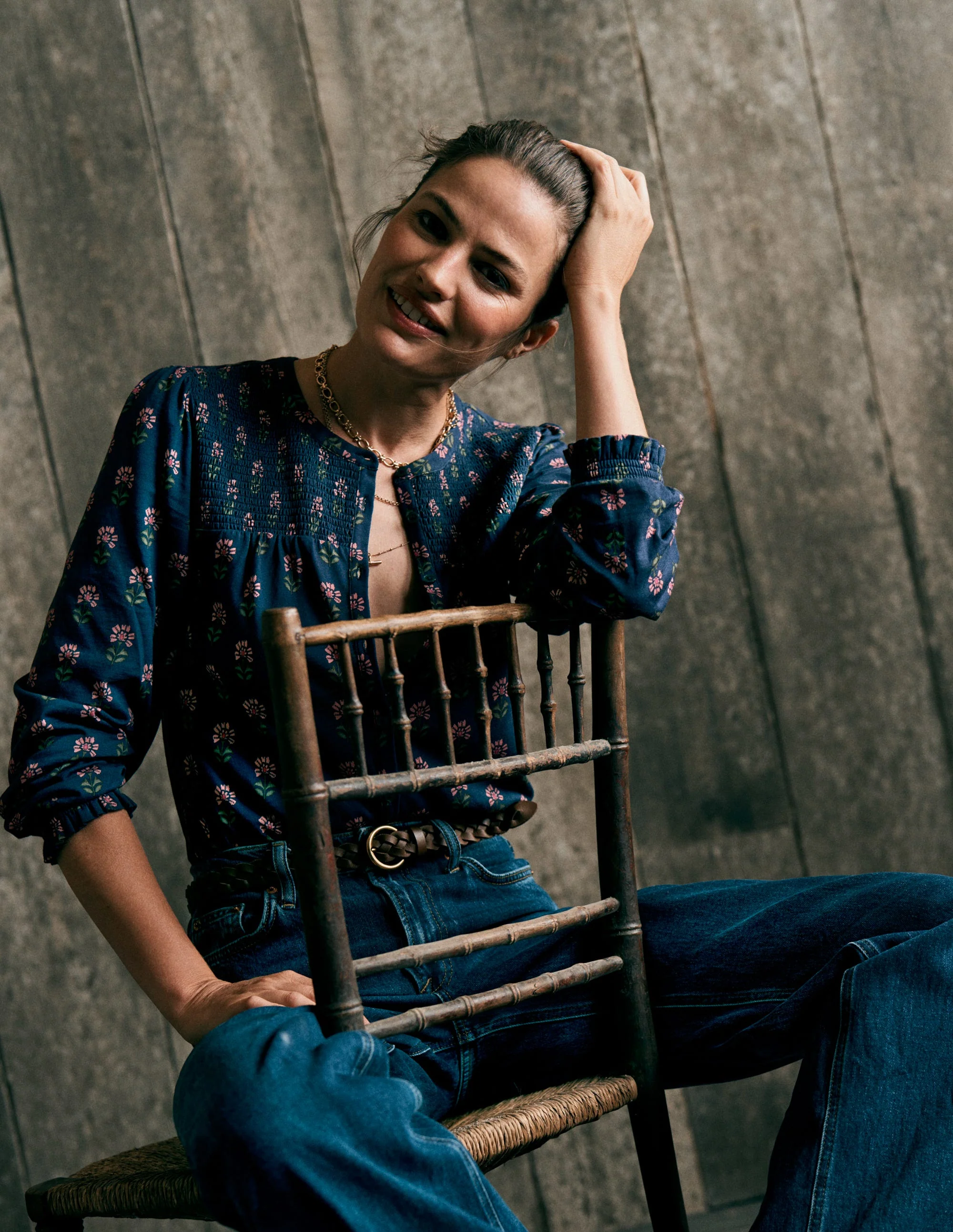 Elsa Smocked Yoke Jersey Shirt-Navy, Woodblock Flower - Image 2