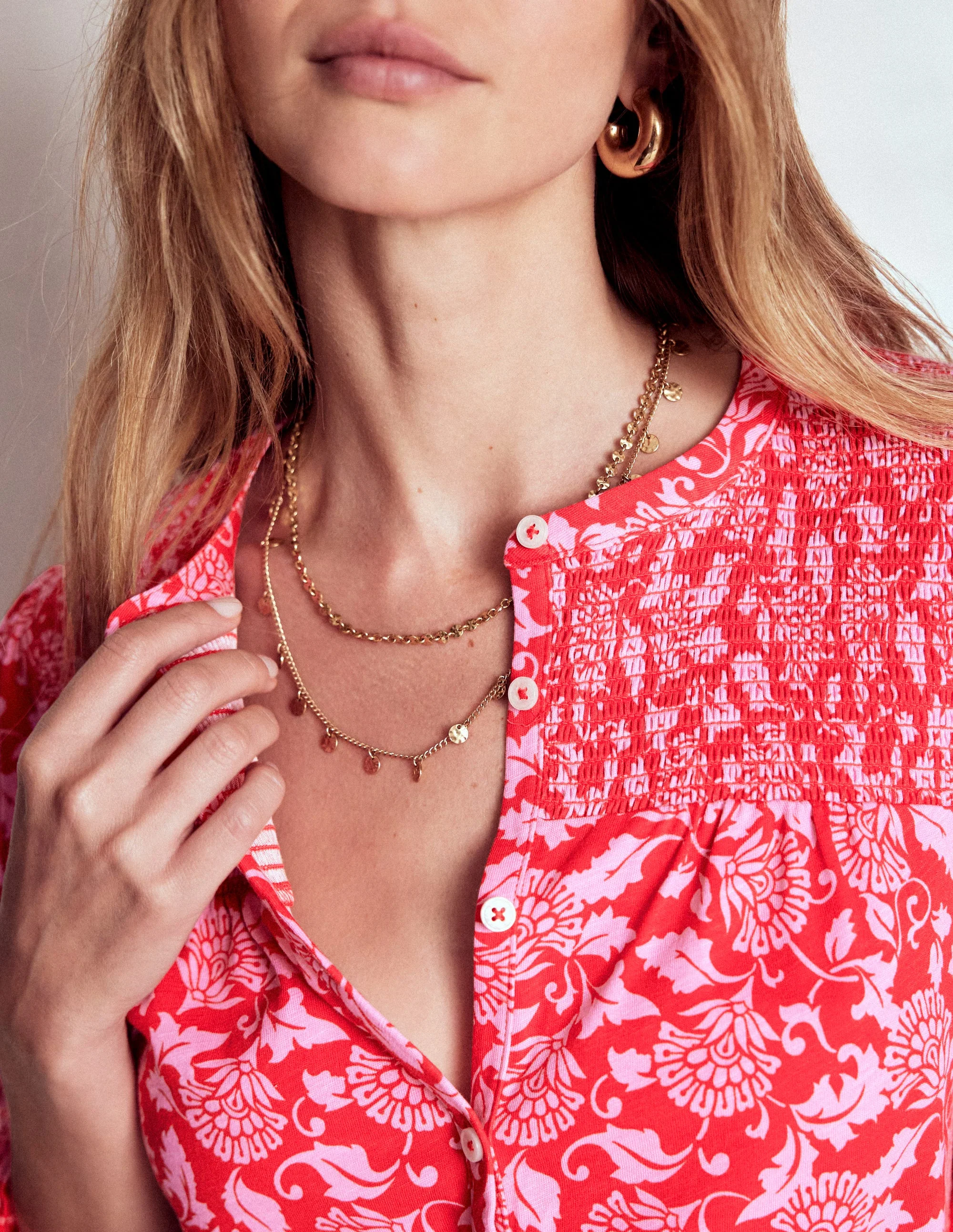 Elsa Smocked Yoke Jersey Shirt-Poppy Red, Ornate Vine - Image 2