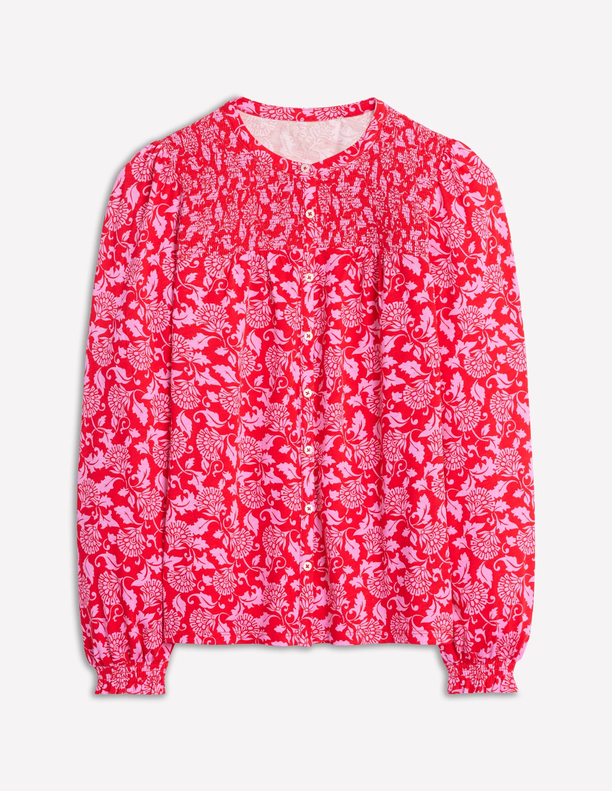 Elsa Smocked Yoke Jersey Shirt-Poppy Red, Ornate Vine - Image 5