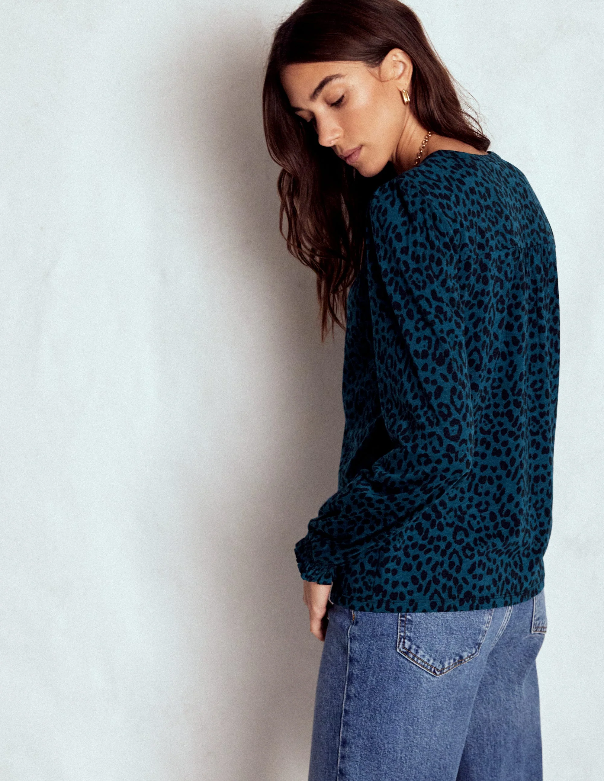 Elsa Smocked Yoke Jersey Shirt-Teal Leopard - Image 3