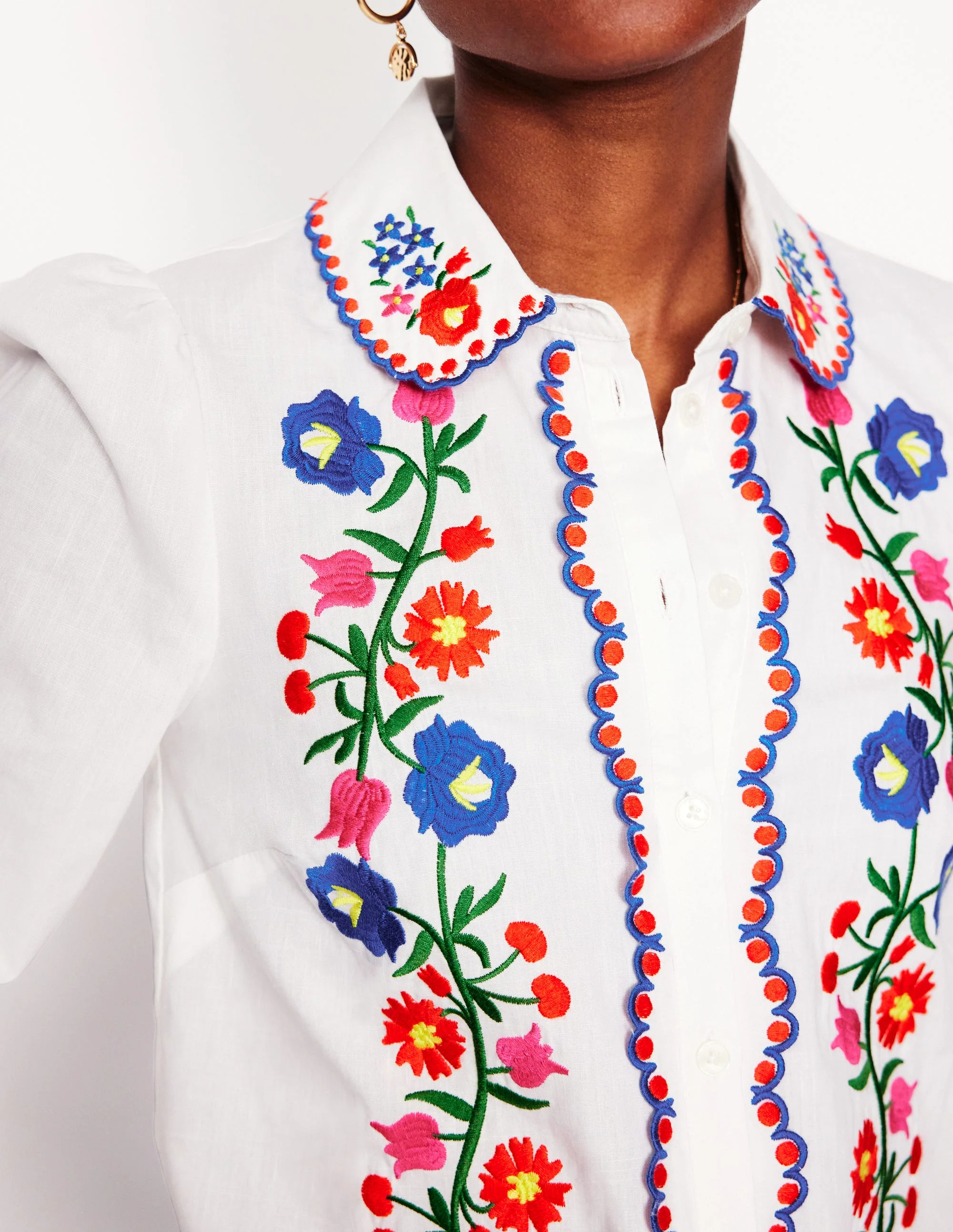 Embroidered Cotton Blouse-White, Floral Embroidery - Image 3