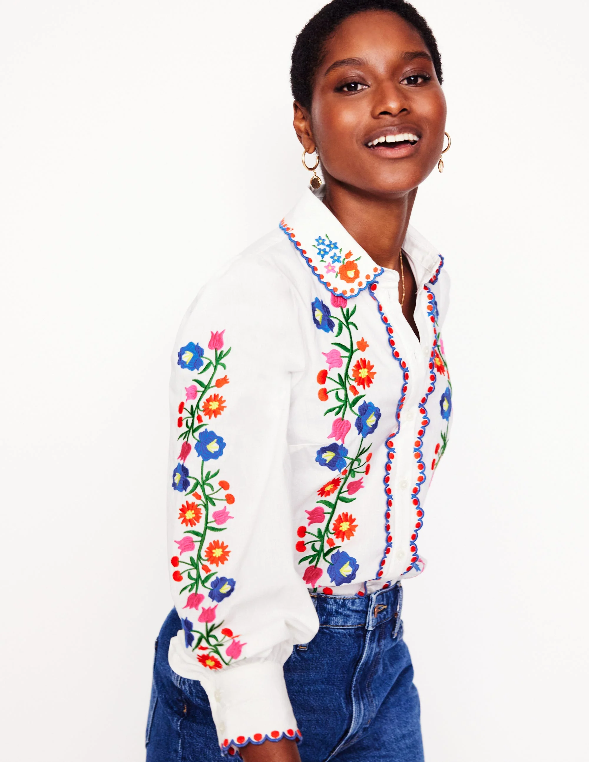 Embroidered Cotton Blouse-White, Floral Embroidery - Image 5