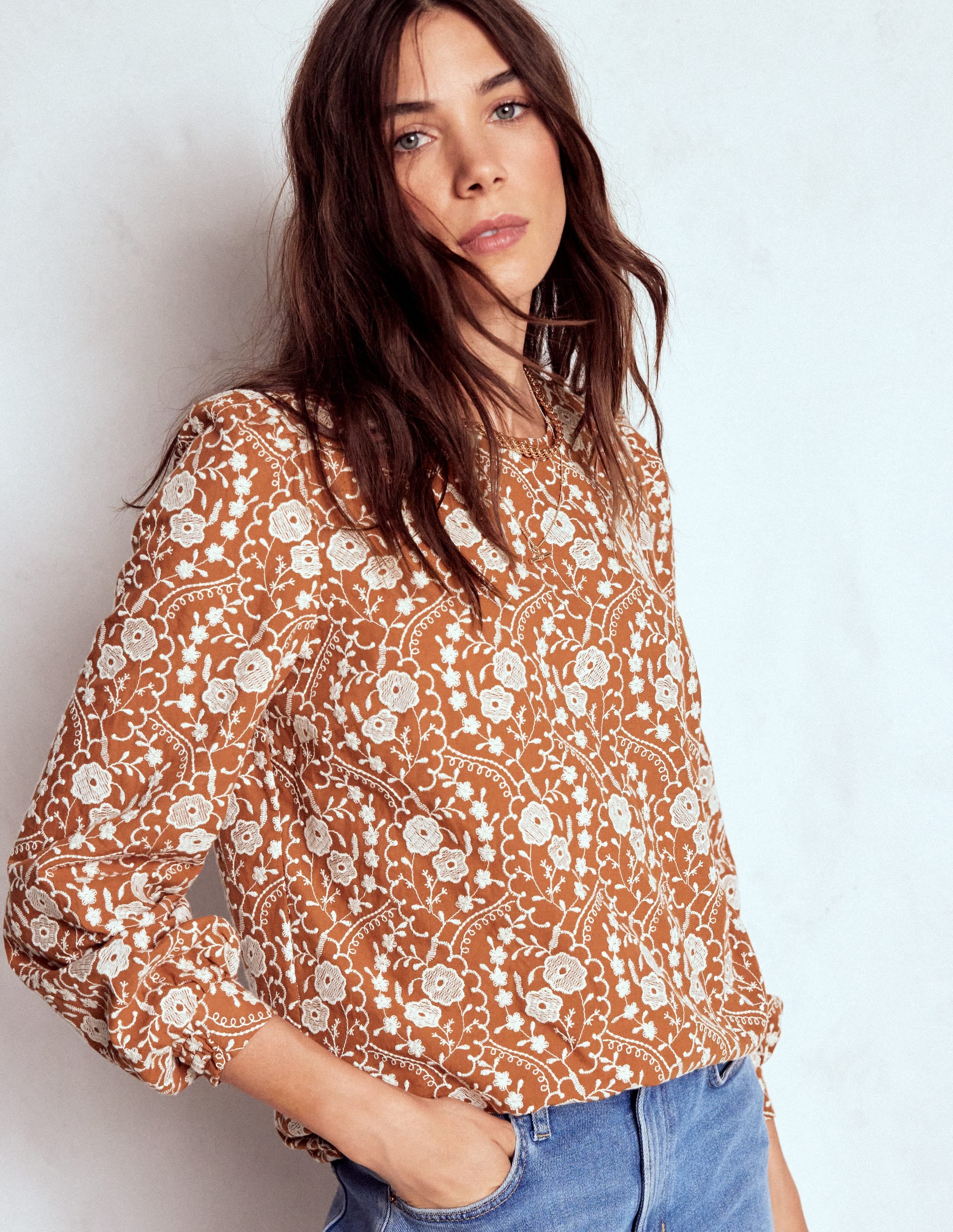 Embroidered Cotton Dobby Top-Brown