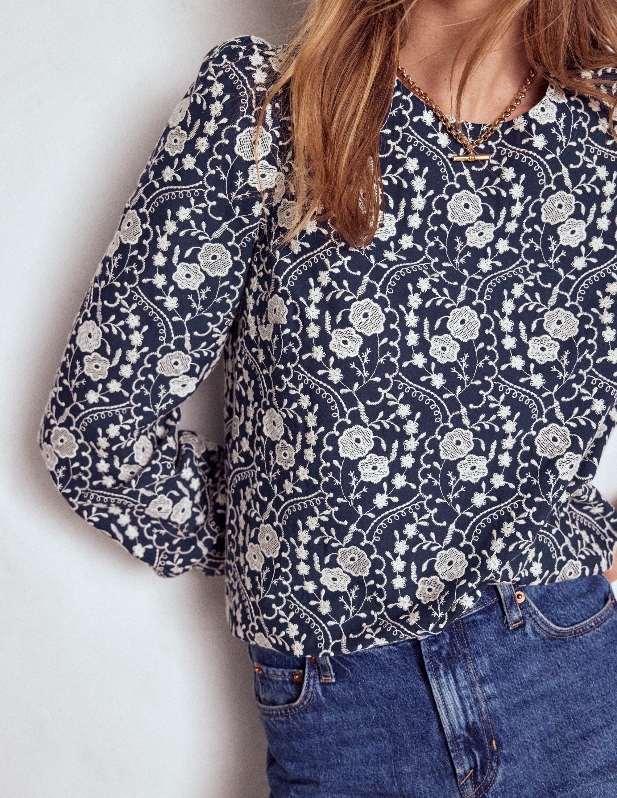 Embroidered Cotton Dobby Top-Navy - Image 2