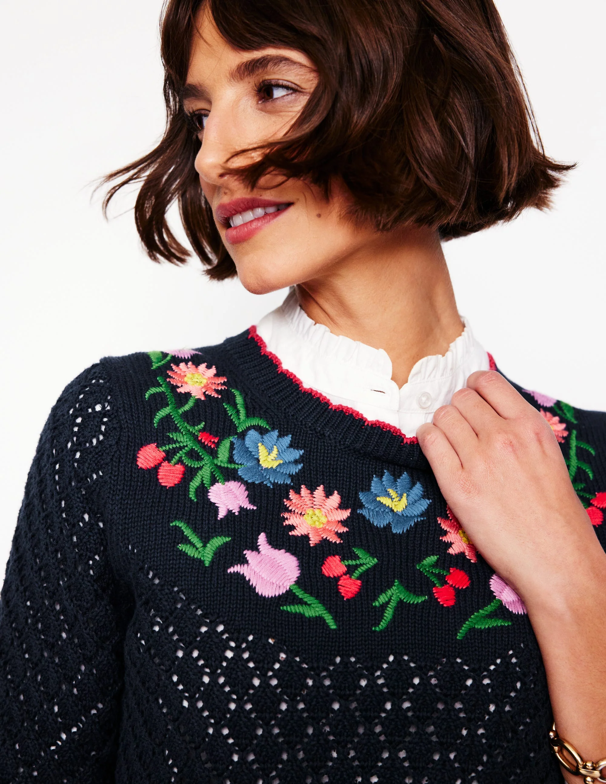 Embroidered Cotton Sweater-Navy - Image 3