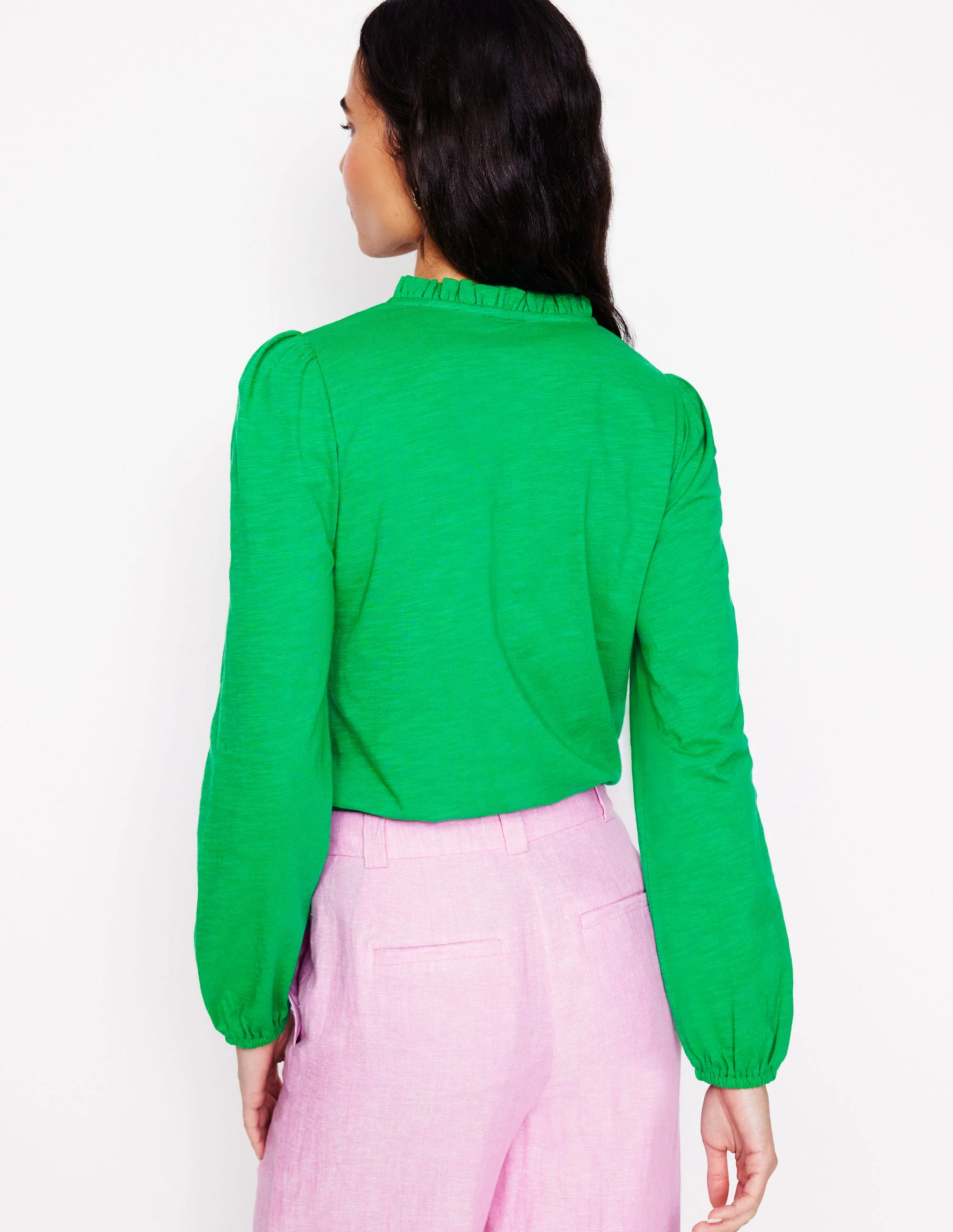 Embroidered Frill Neck Blouse-Rich Emerald - Image 3