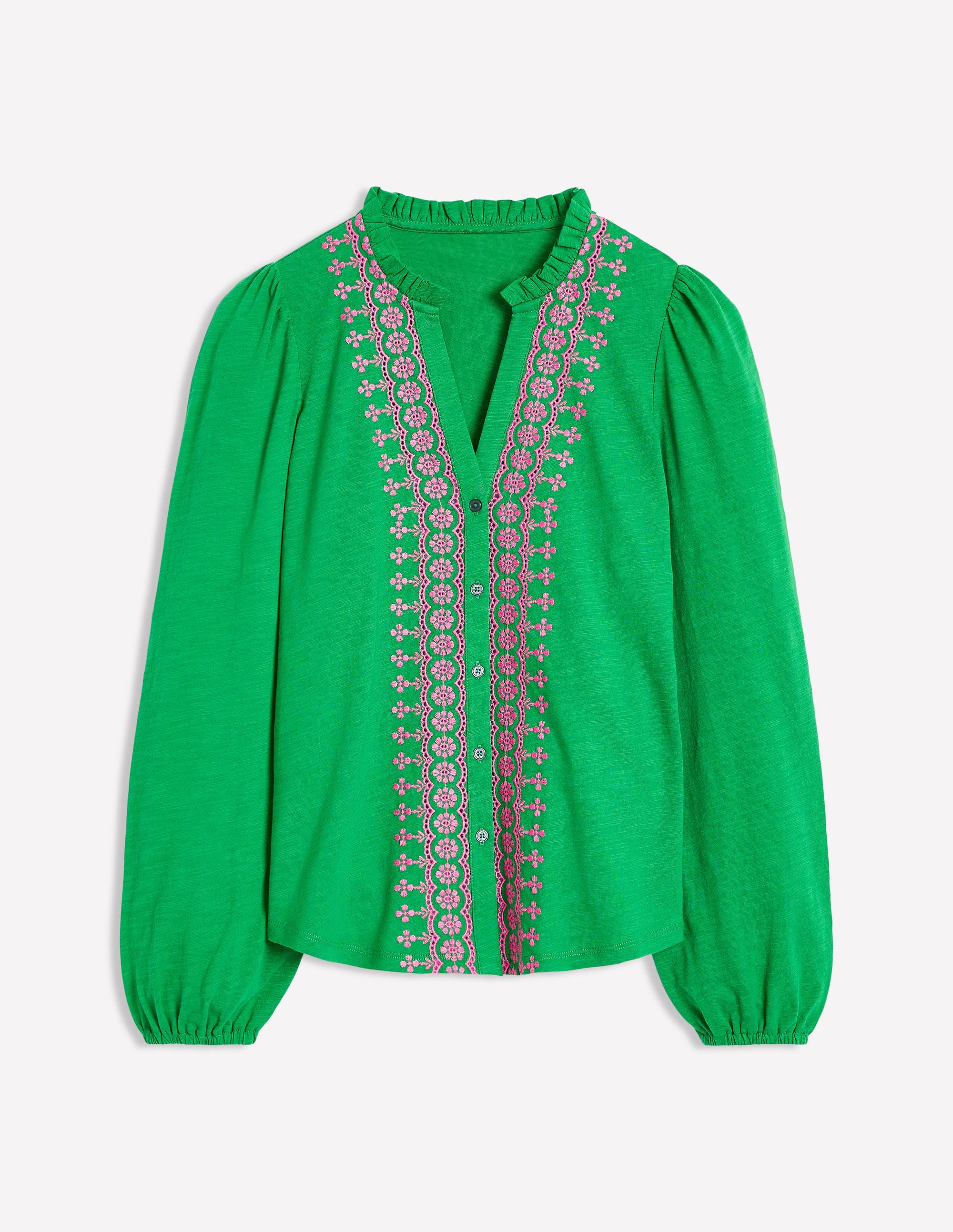 Embroidered Frill Neck Blouse-Rich Emerald - Image 5