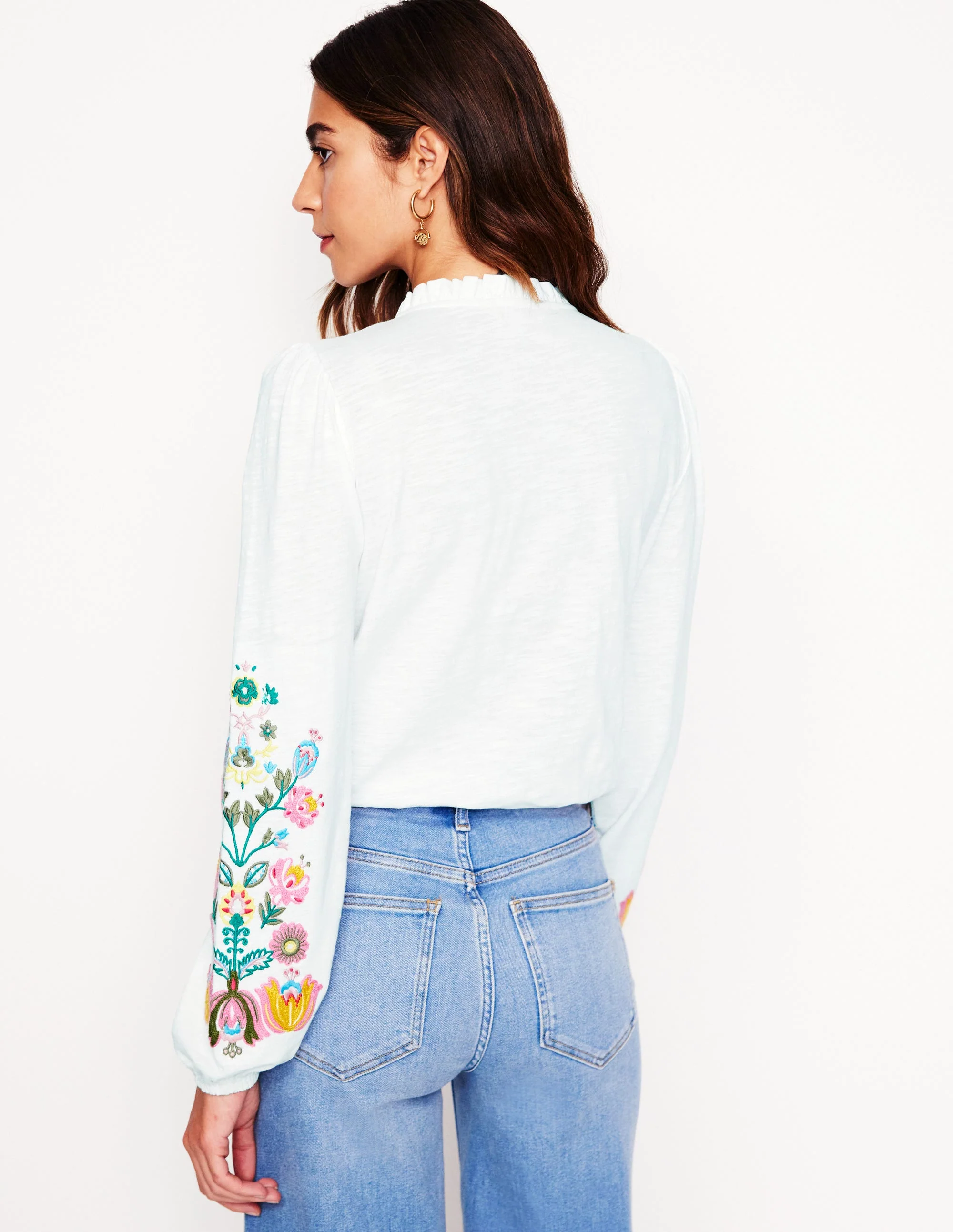 Embroidered Frill Neck Blouse-White, Multi Floral Embroidery - Image 3