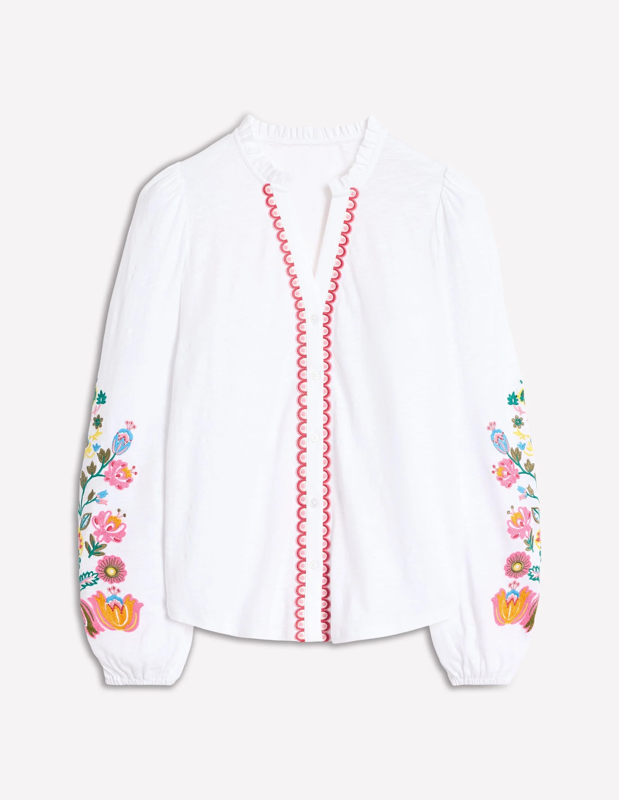 Embroidered Frill Neck Blouse-White, Multi Floral Embroidery - Image 5