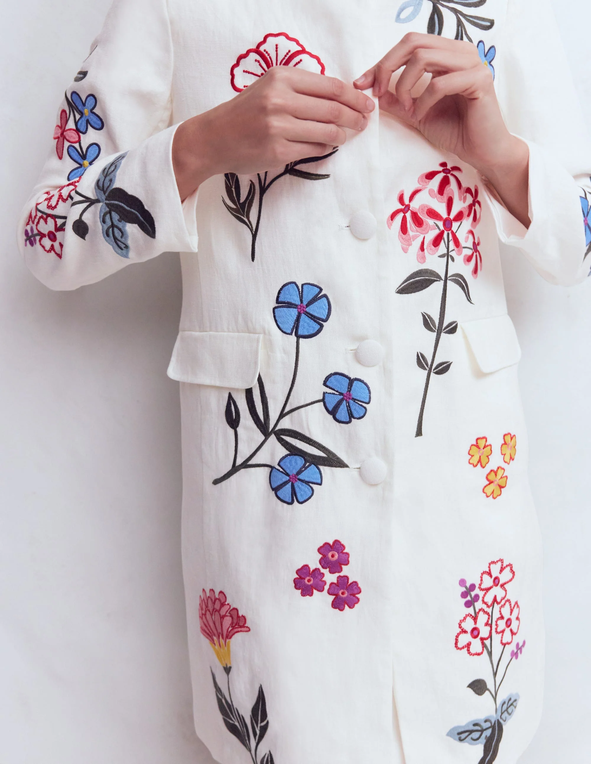 Embroidered Linen Coat-Ivory Embroidered - Image 2