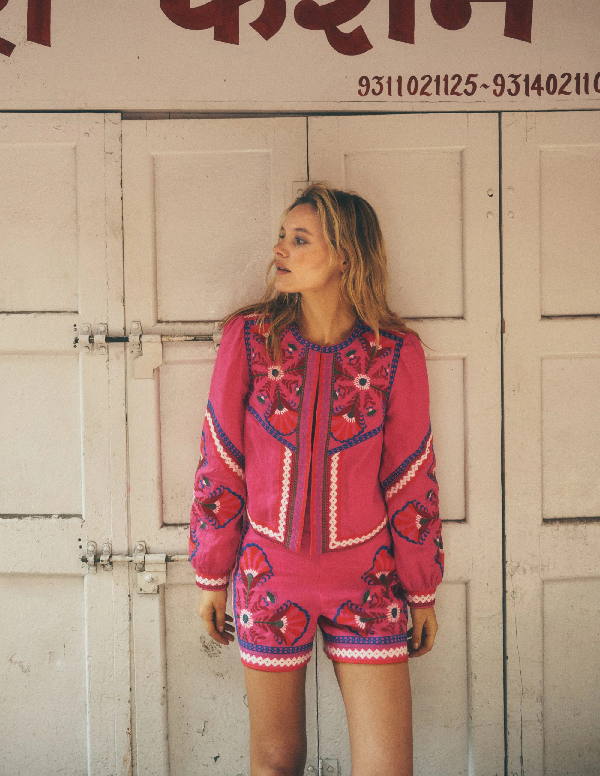 Embroidered Linen Jacket-Pink Peony, Embroidered