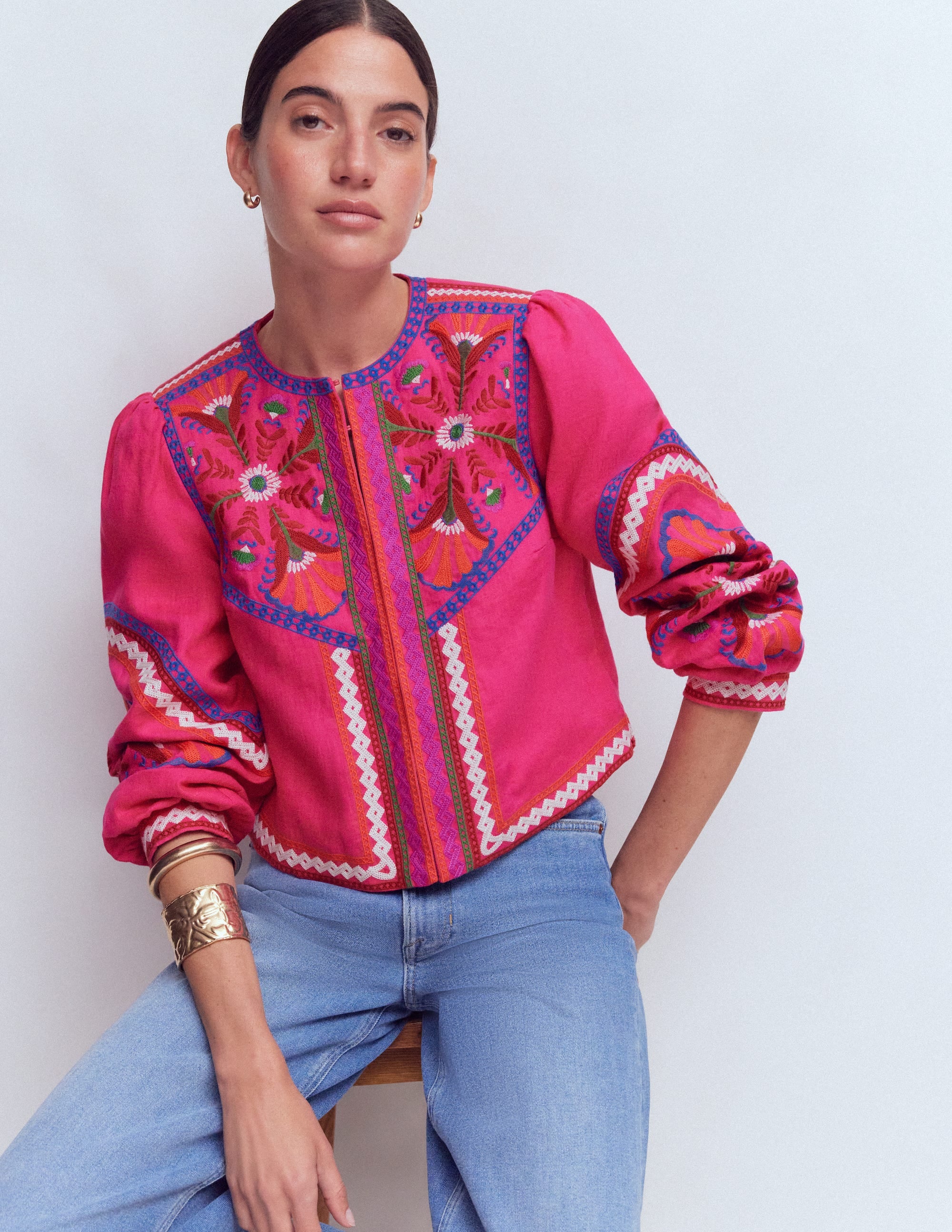 Embroidered Linen Jacket-Pink Peony, Embroidered - Image 2