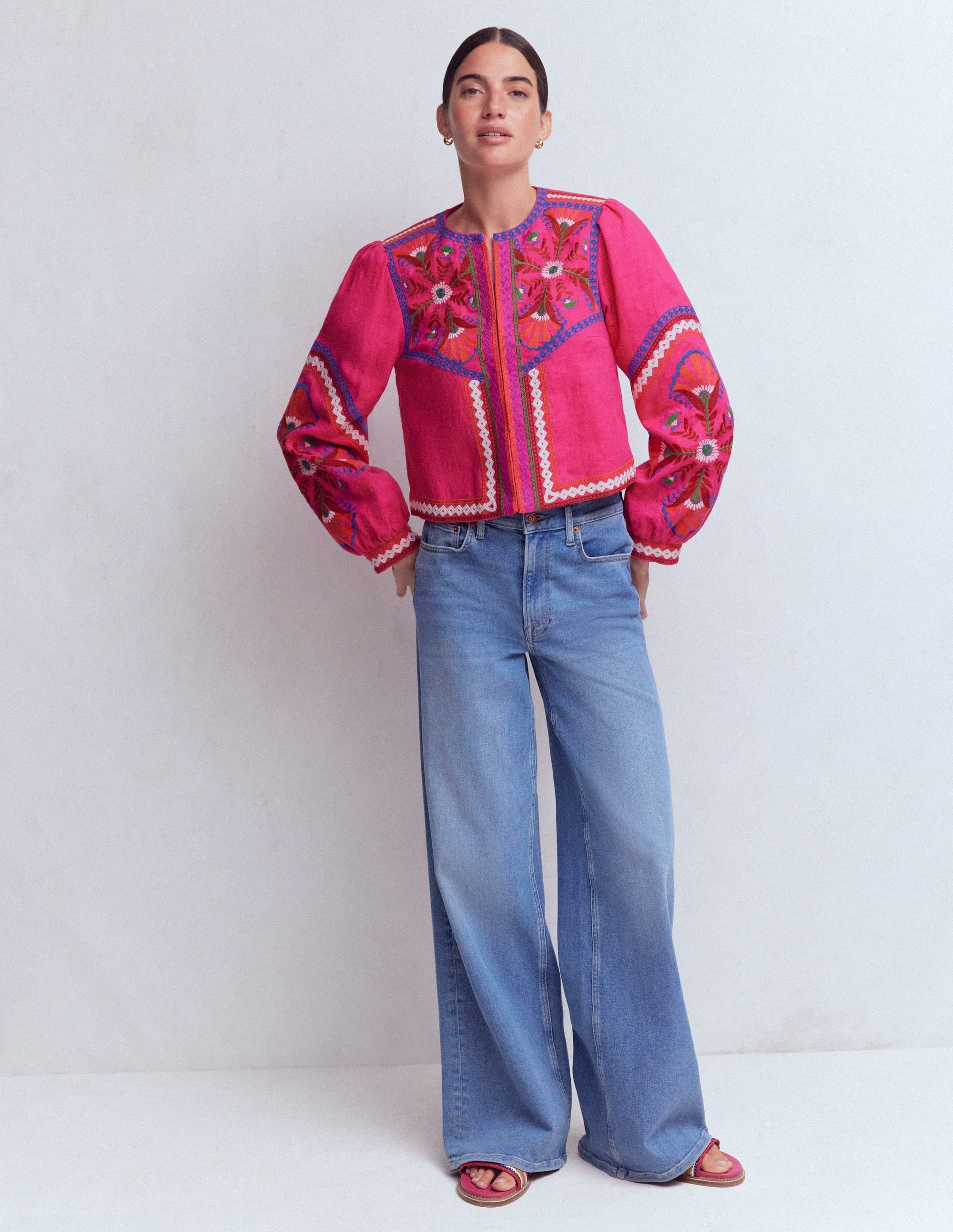 Embroidered Linen Jacket-Pink Peony, Embroidered - Image 4