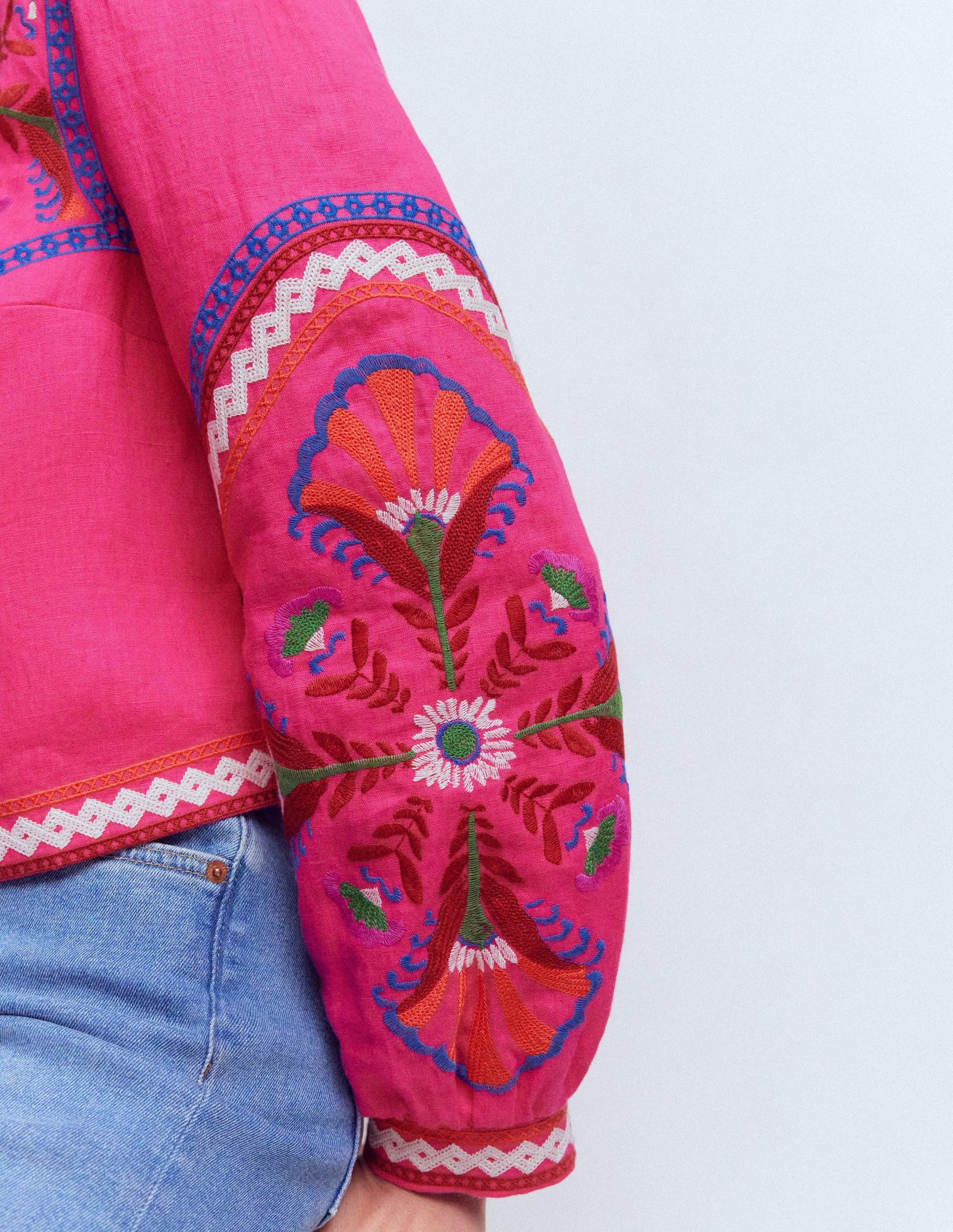 Embroidered Linen Jacket-Pink Peony, Embroidered - Image 5