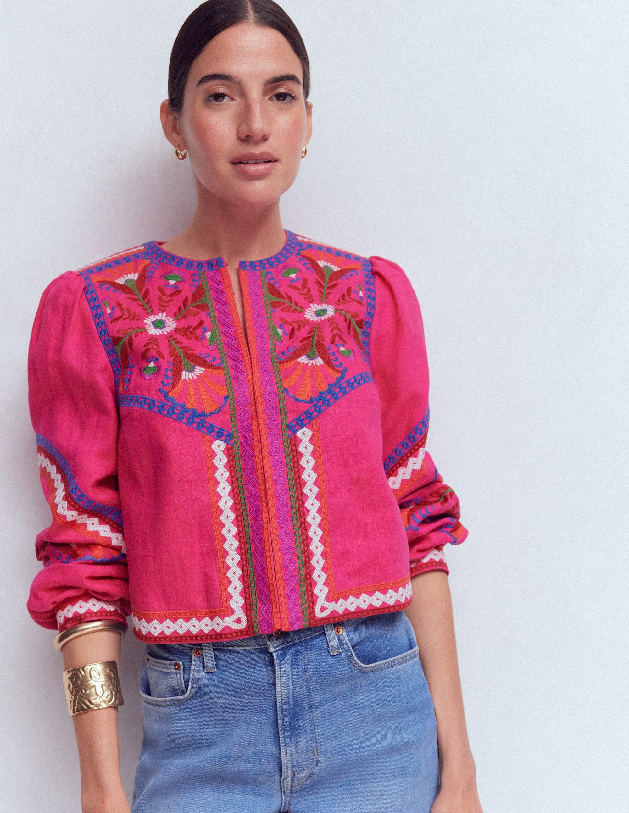 Embroidered Linen Jacket-Pink Peony, Embroidered - Image 6