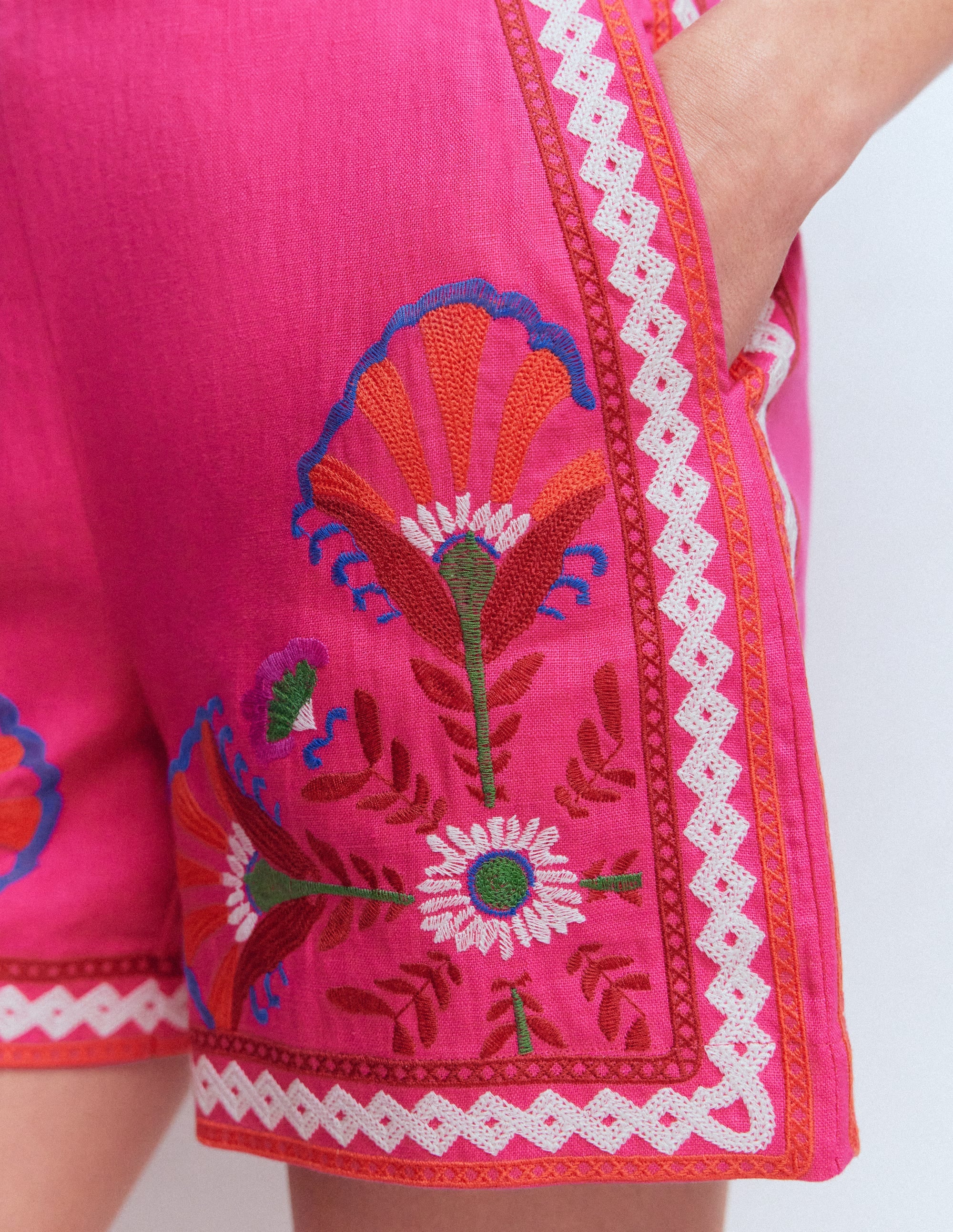 Embroidered Linen Shorts-Pink Peony, Embroidered - Image 3