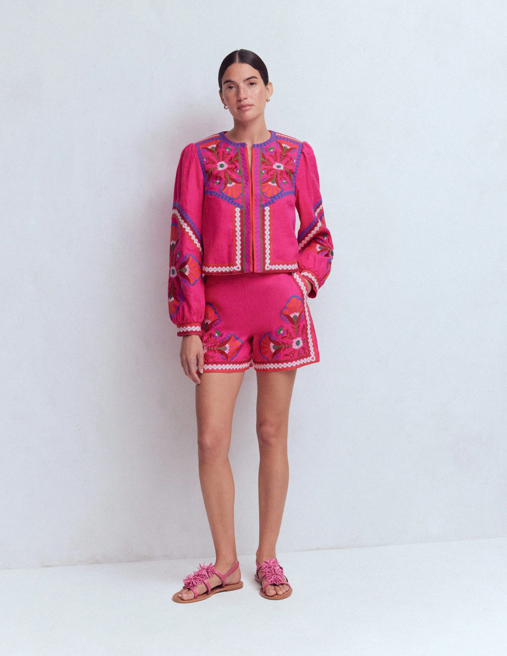 Embroidered Linen Shorts-Pink Peony, Embroidered - Image 5