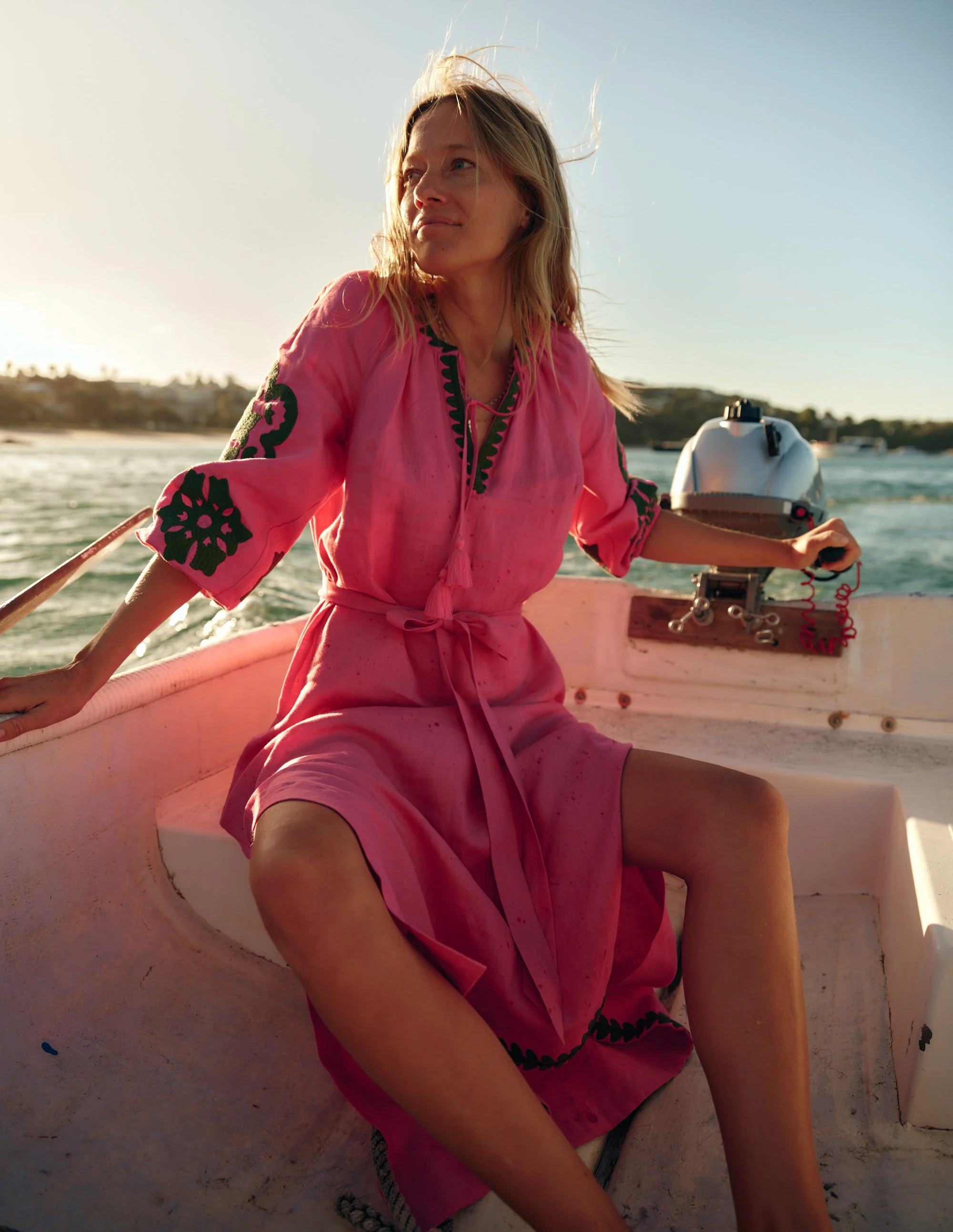 Embroidered Linen Tassel Dress-Sorbet Pink - Image 2