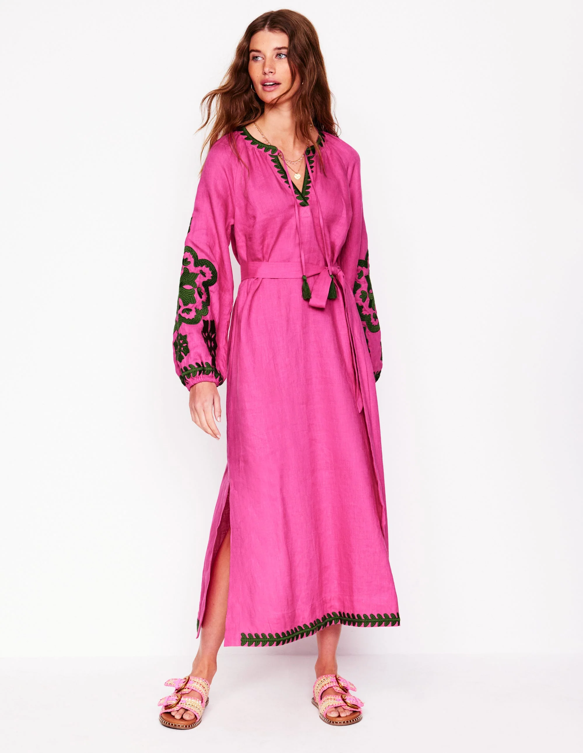 Embroidered Linen Tassel Dress-Sorbet Pink - Image 5