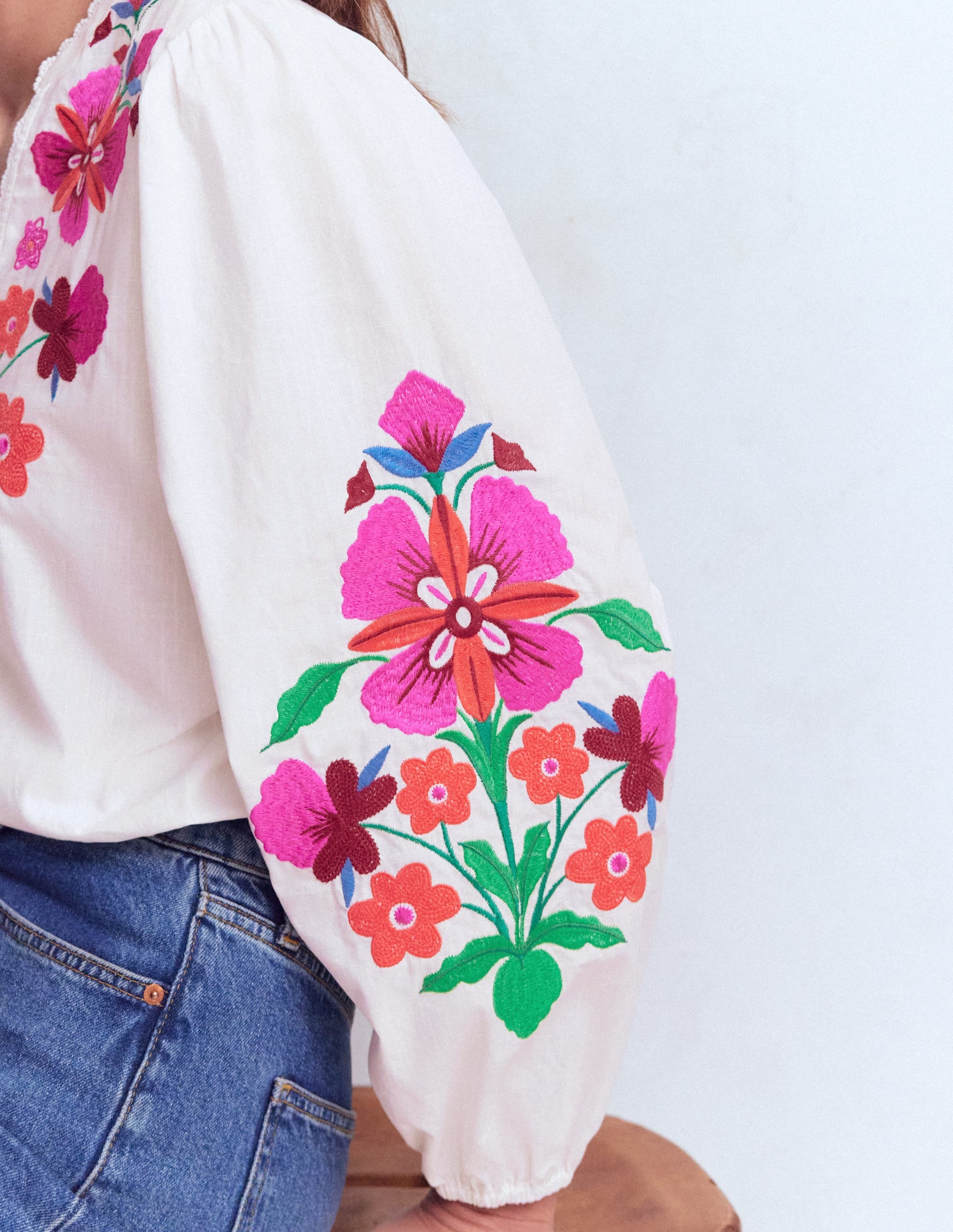 Embroidered Notch Neck Top-Floral Placement Embroidery - Image 2
