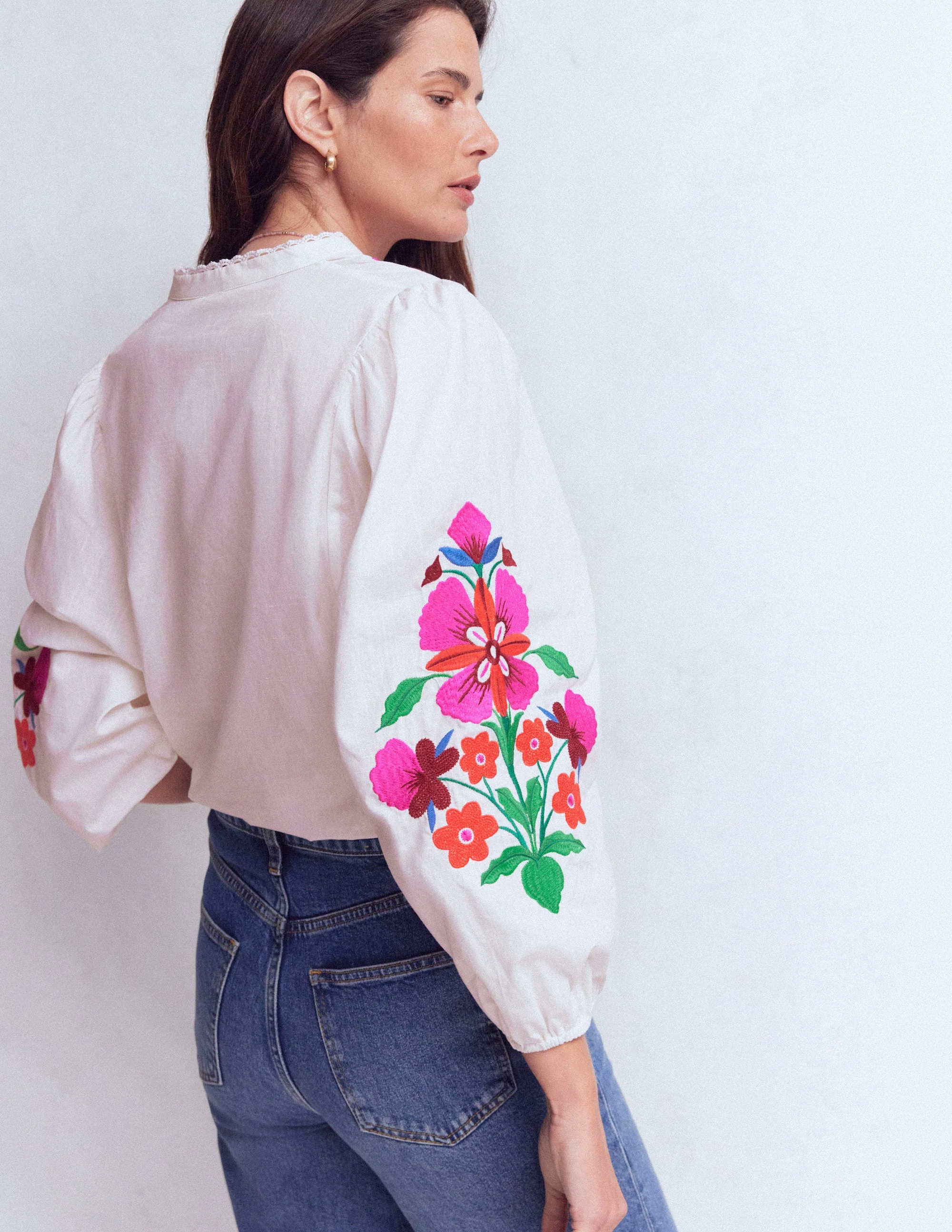 Embroidered Notch Neck Top-Floral Placement Embroidery - Image 3